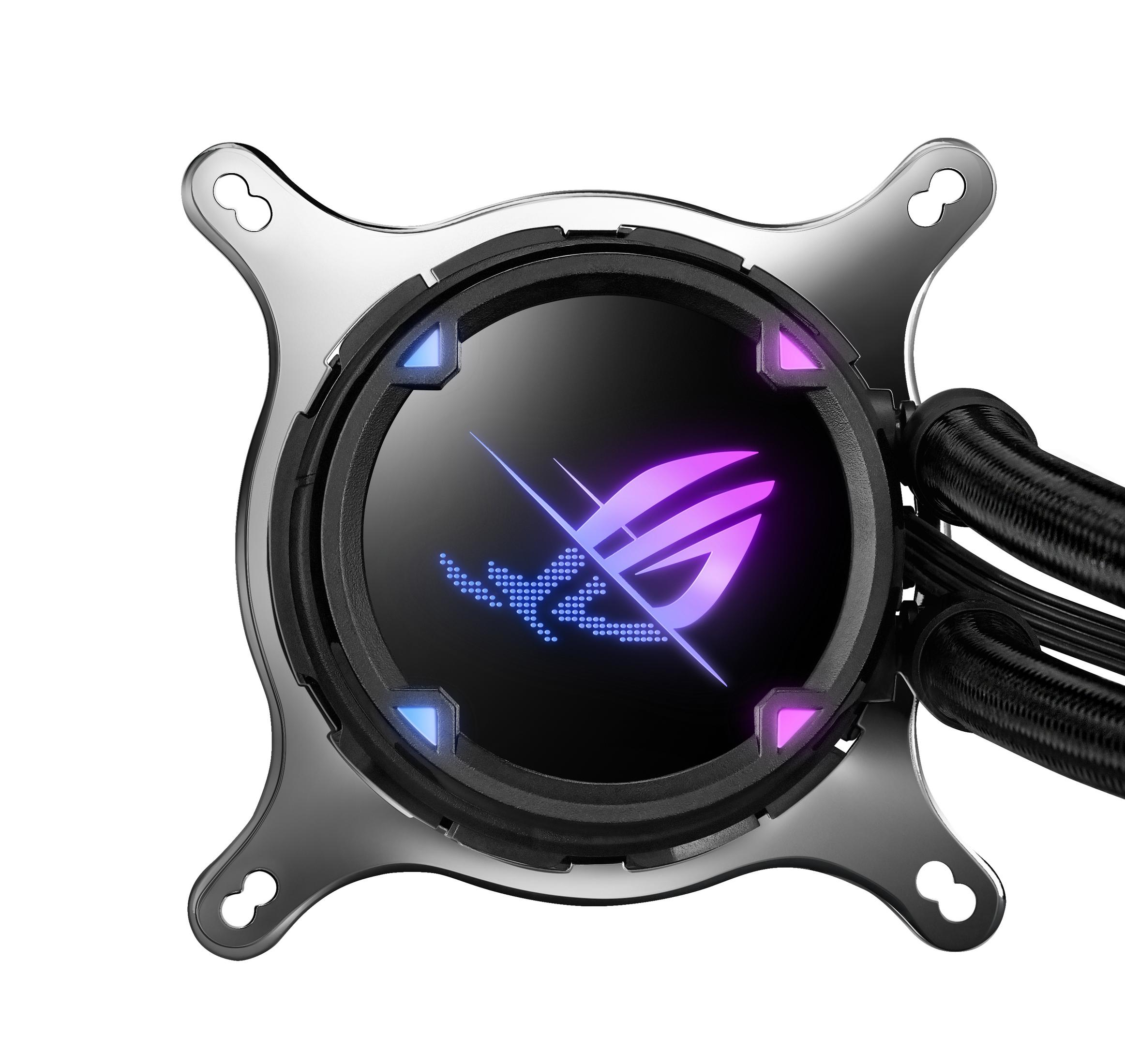 Un dissipatore CPU argento con logo ROG, illuminato in viola e blu.