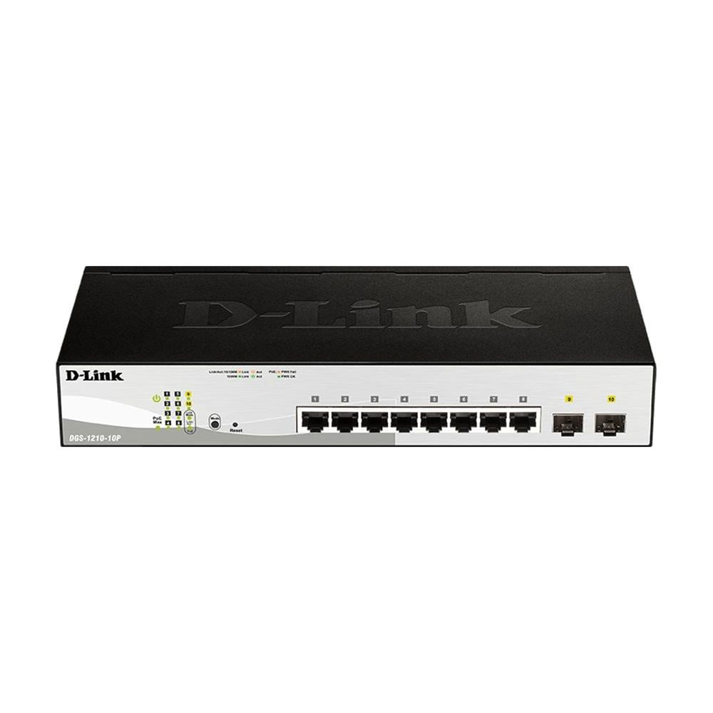 Uno switch di rete D-Link nero con 10 porte e spie di stato.