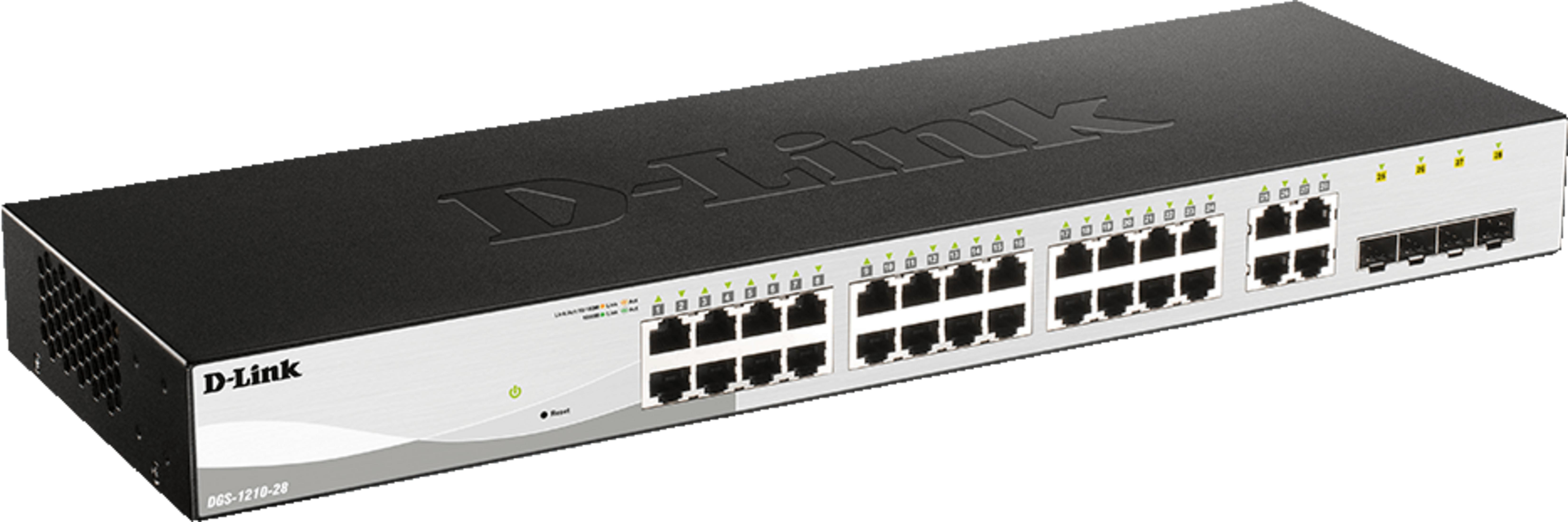 Uno switch di rete D-Link nero con molte porte Ethernet e spie luminose.