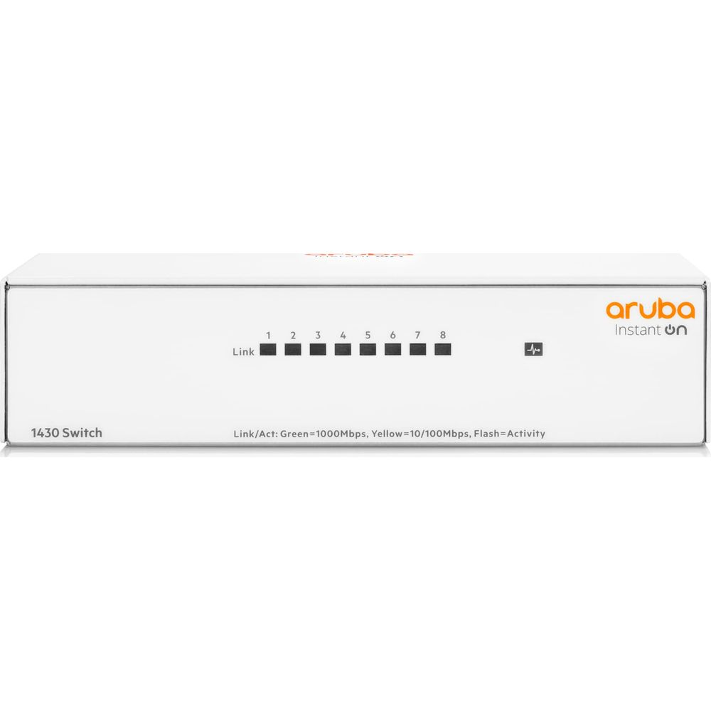 Biały przełącznik Aruba 1430 z 8 portami. Diody LED wskazują stan połączenia i aktywność.