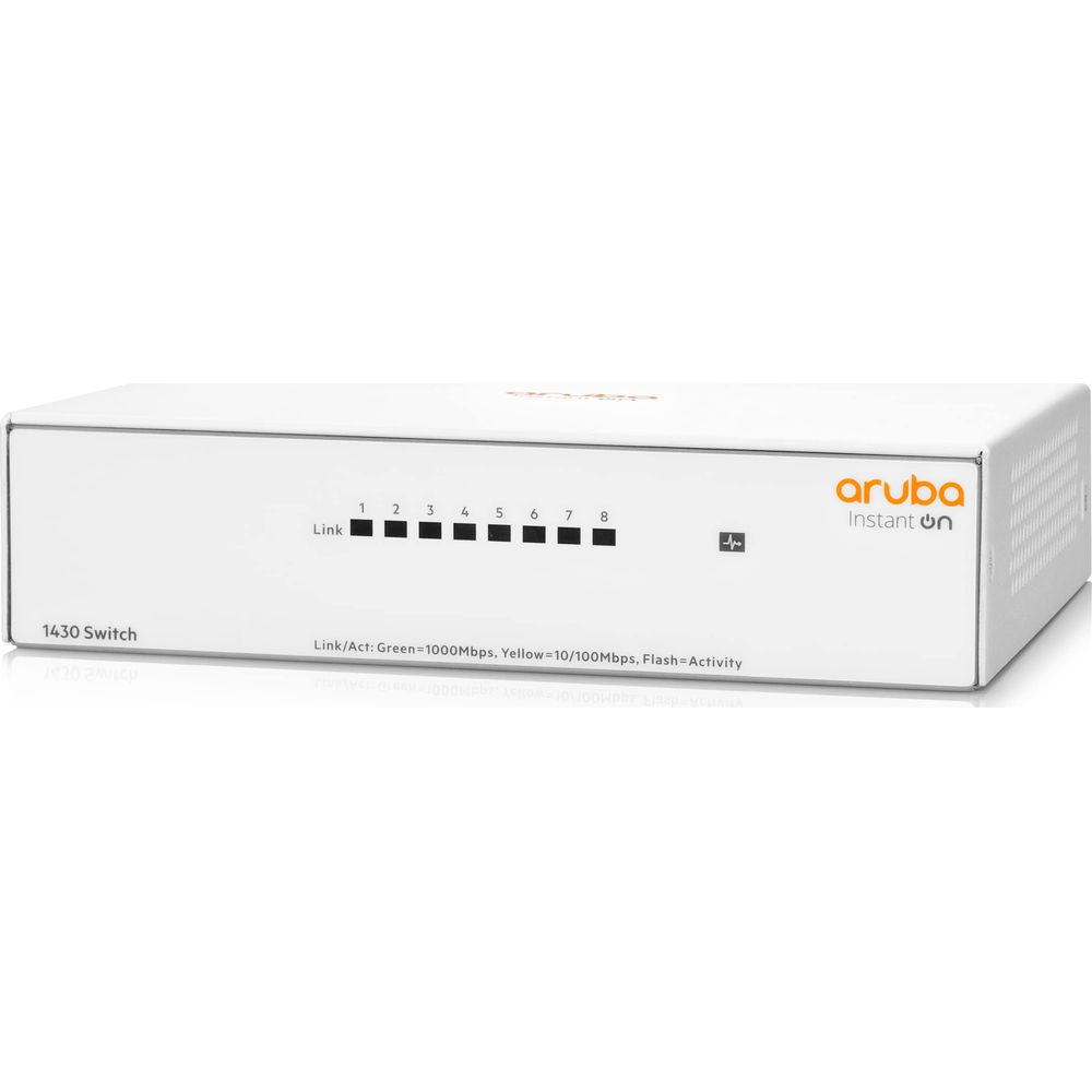 Biały przełącznik Aruba 1430 z 8 portami i diodami link/aktywności.