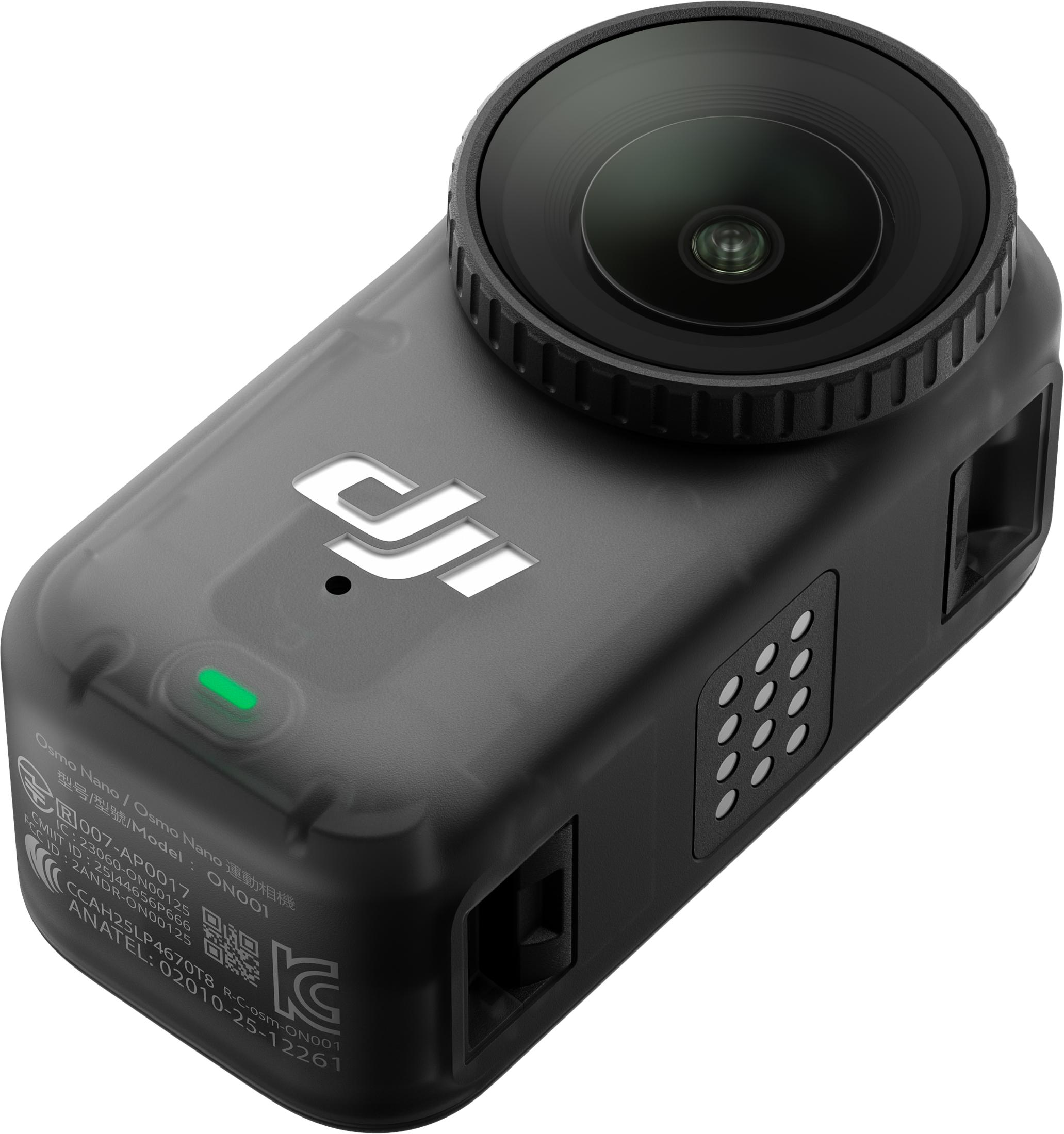 Ein schwarzes DJI Osmo Nano mit Linse und grünem Licht.