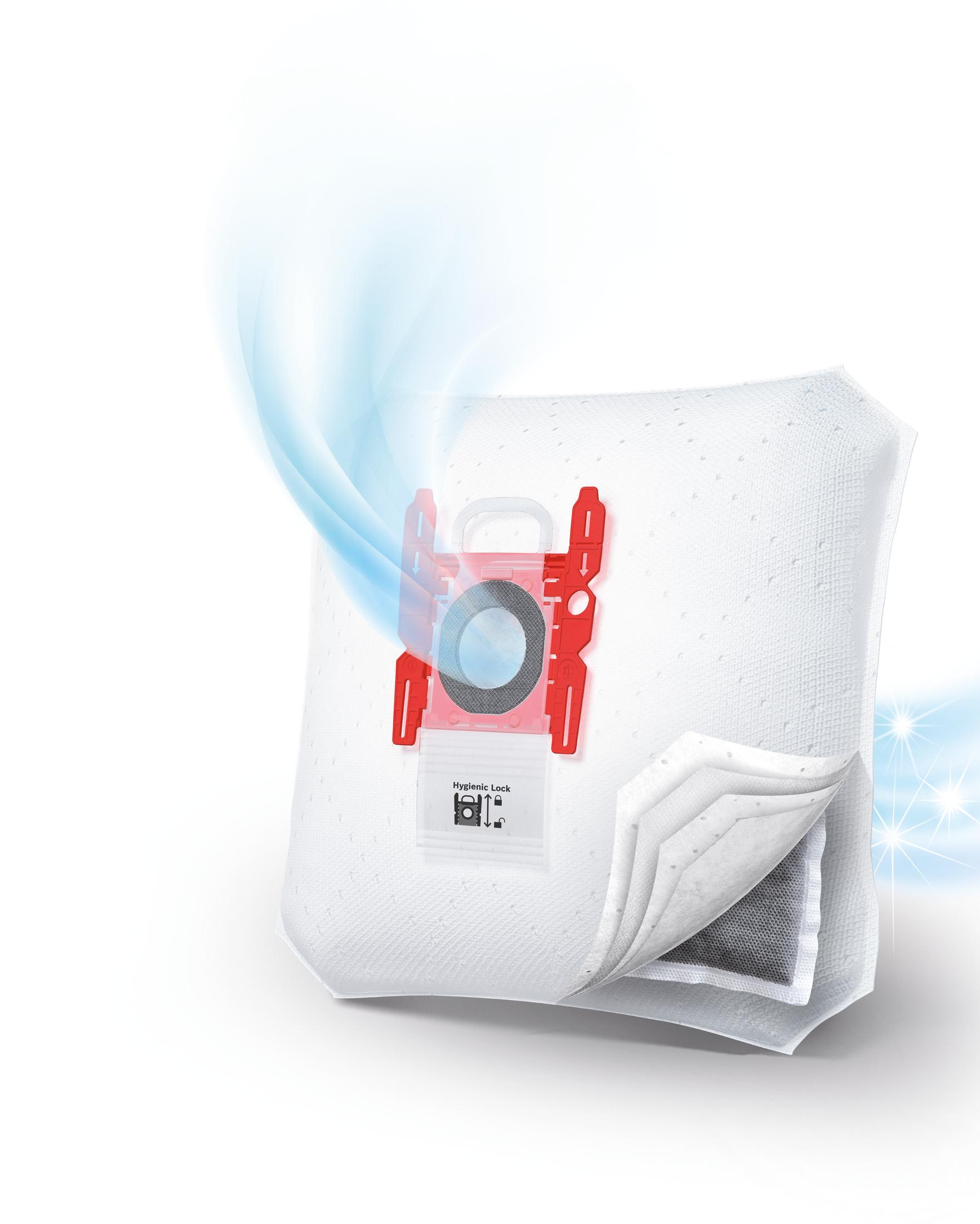 Bolsa de aspiradora blanca con conector rojo y gráficos de flujo de aire.