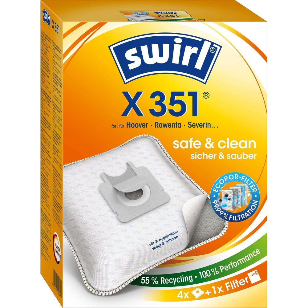 Packung Swirl X351 Staubsaugerbeutel mit 4 Stück und 1 Filter, orange/gelb.