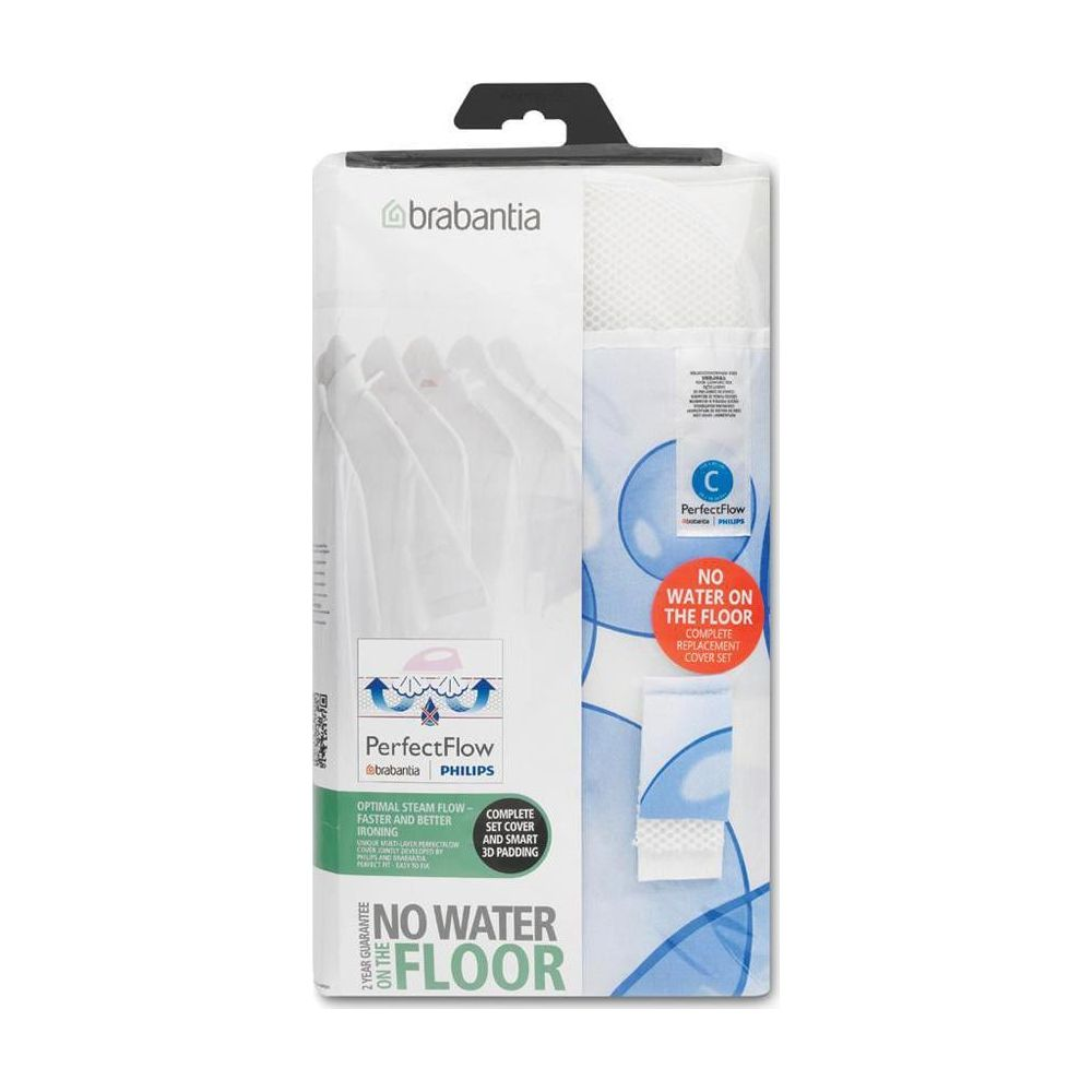 Housse de table à repasser Brabantia avec technologie PerfectFlow, bleu et blanc.