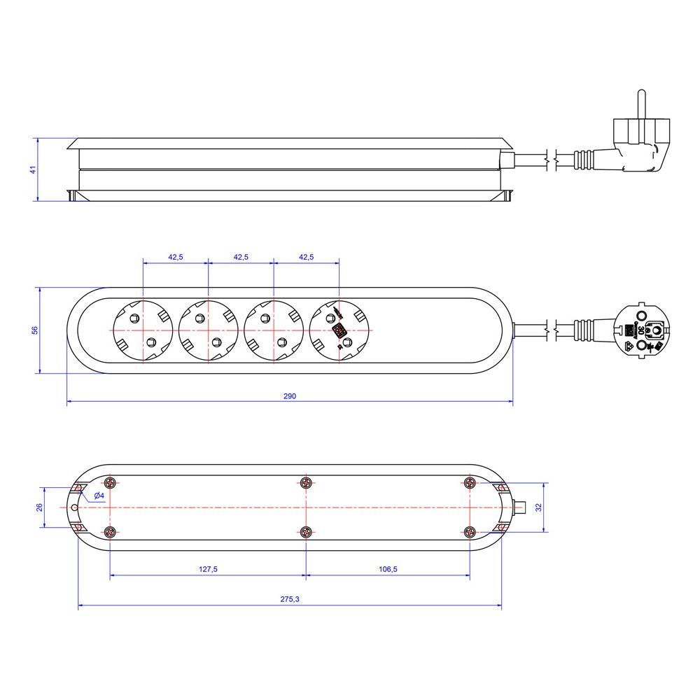 Disegno tecnico di una ciabatta con quattro prese.