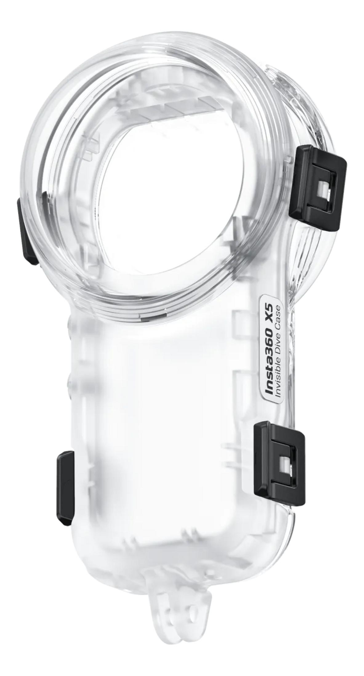 Transparante duikcase voor Insta360 X5 met zwarte clips.