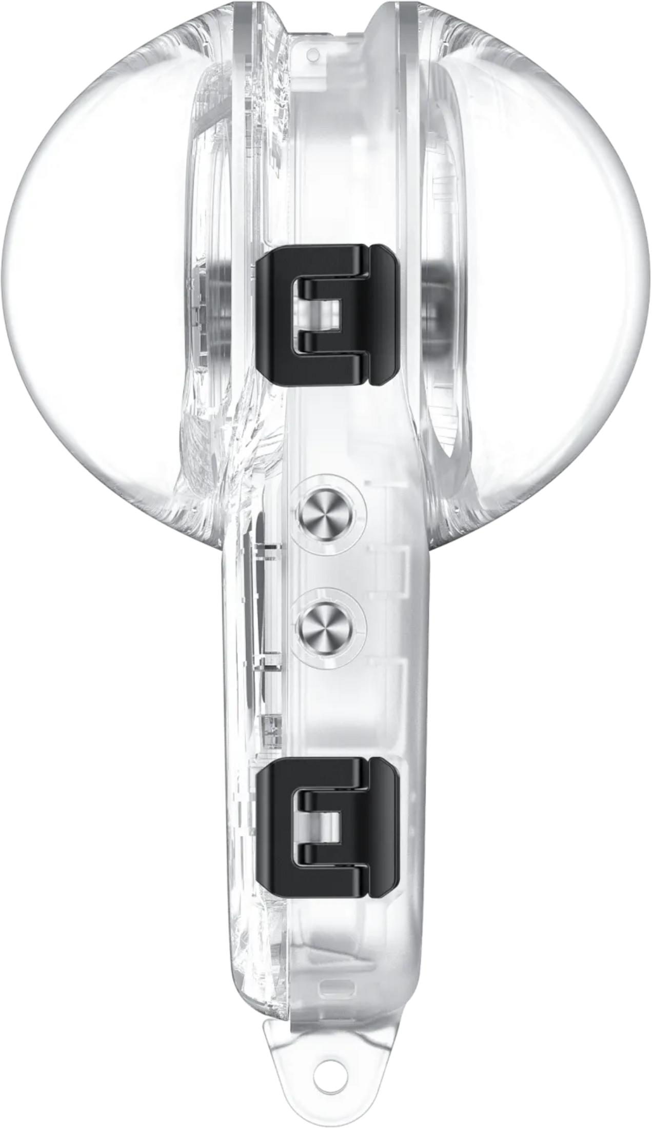 Doorzichtige houder met zwarte clips en twee stervormige knoppen.