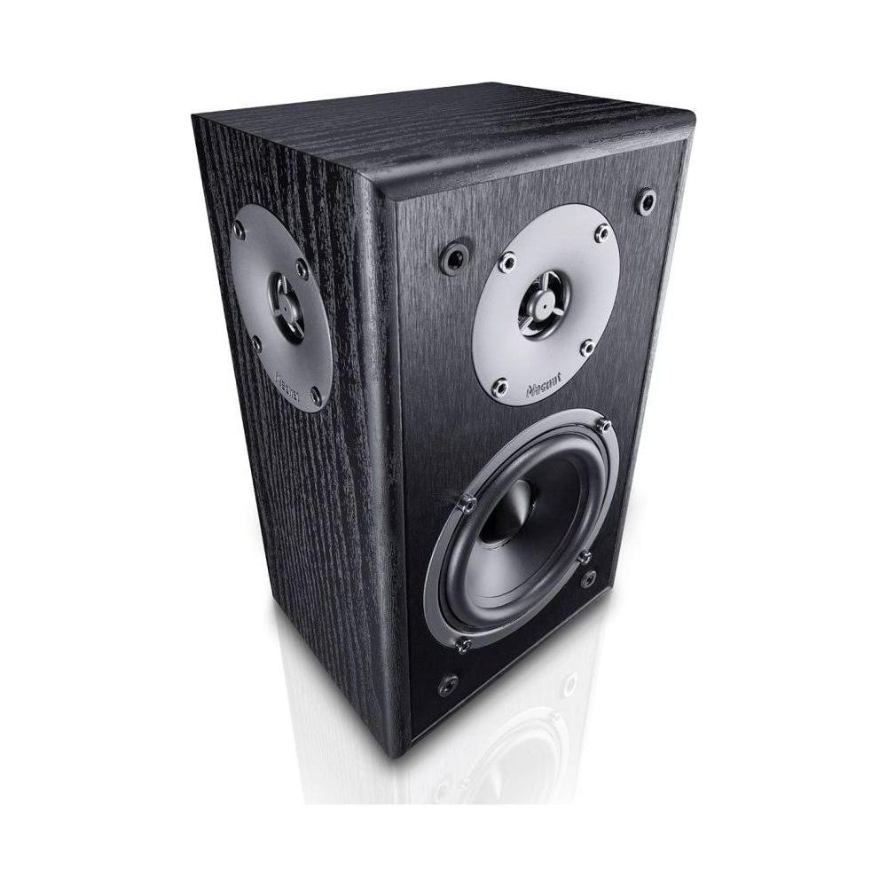 Czarny głośnik z srebrnymi przetwornikami i wykończeniem imitującym drewno.