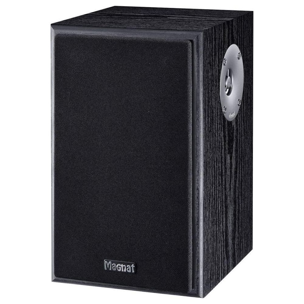 Czarny głośnik z wykończeniem imitującym drewno i srebrnym głośnikiem wysokotonowym.