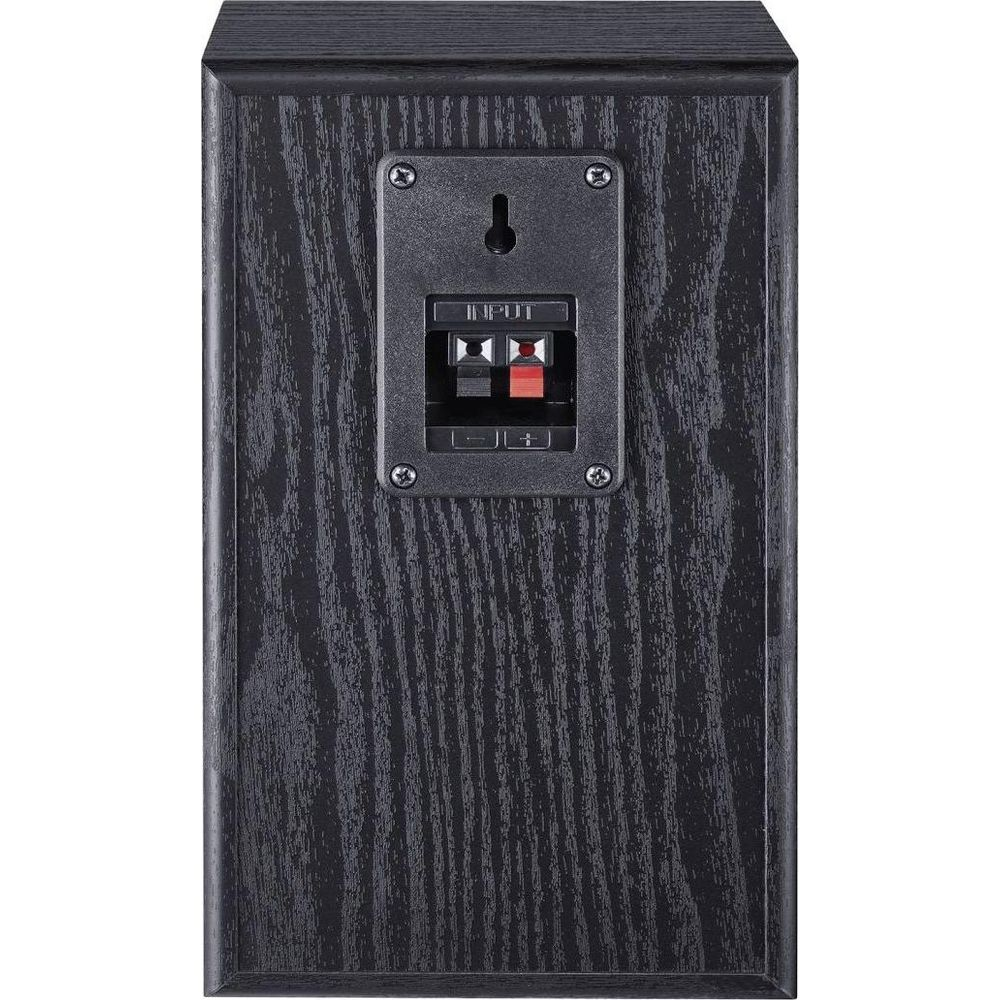 Tył czarnego głośnika ze złączami wejściowymi i śrubami.