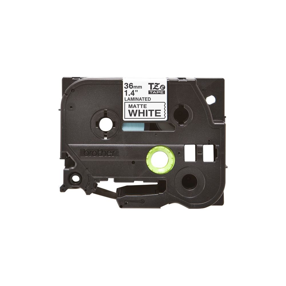 Czarna kasetka na taśmę Brother TZe z matową białą taśmą laminowaną.