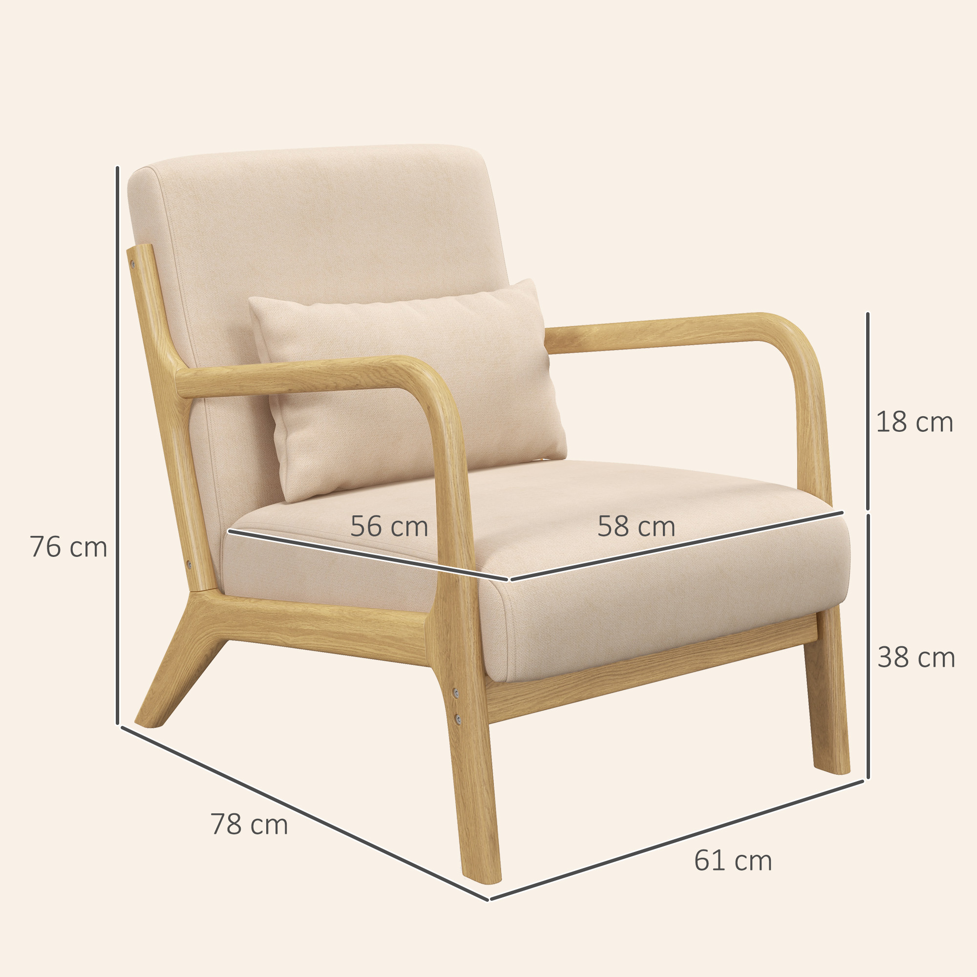 Butaca beige con marco de madera y un cojín pequeño. Se muestran las medidas.