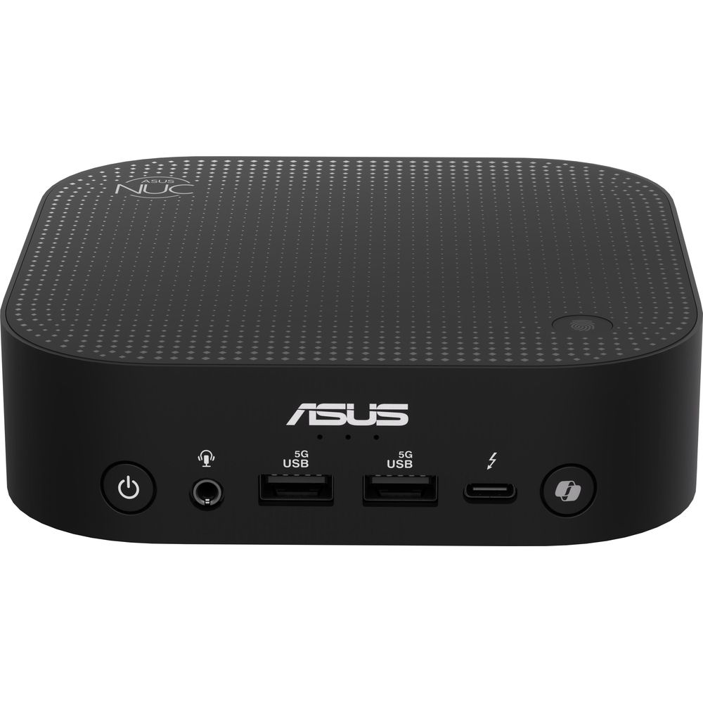 Czarny ASUS NUC z perforowanym wierzchem i portami z przodu.