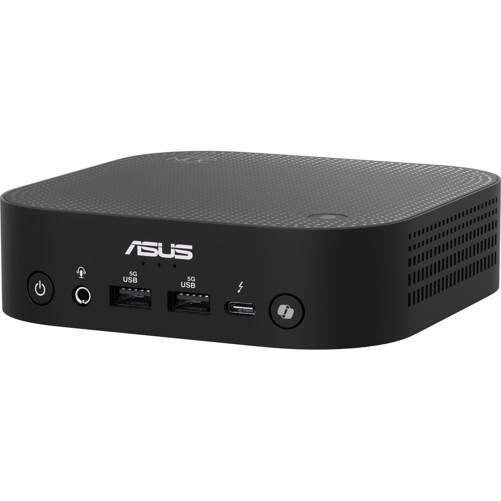 Czarny mini PC Asus z przyciskiem zasilania, gniazdem audio, 2 portami USB i Thunderbolt.