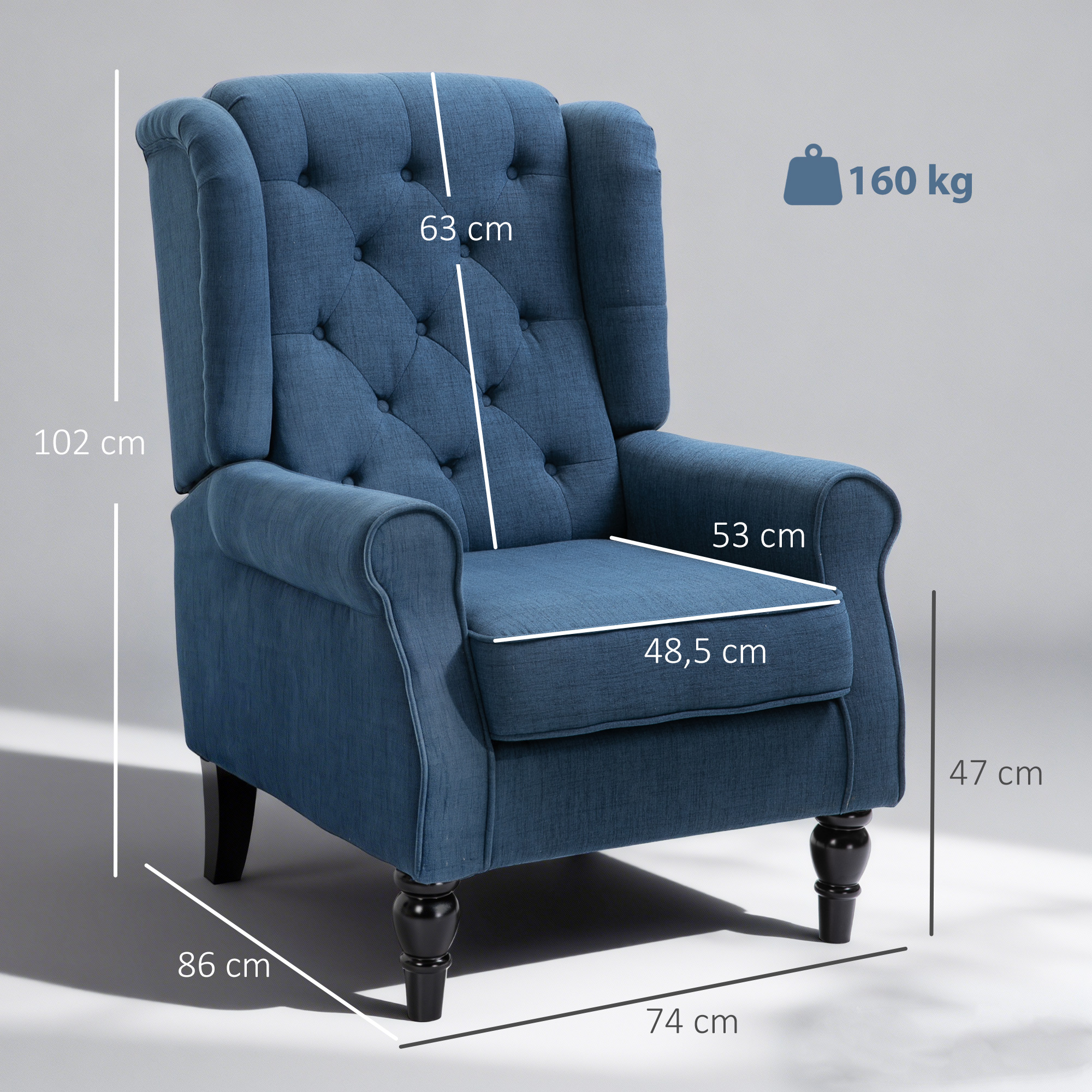 Un sillón azul con dimensiones y un peso de 160 kg.