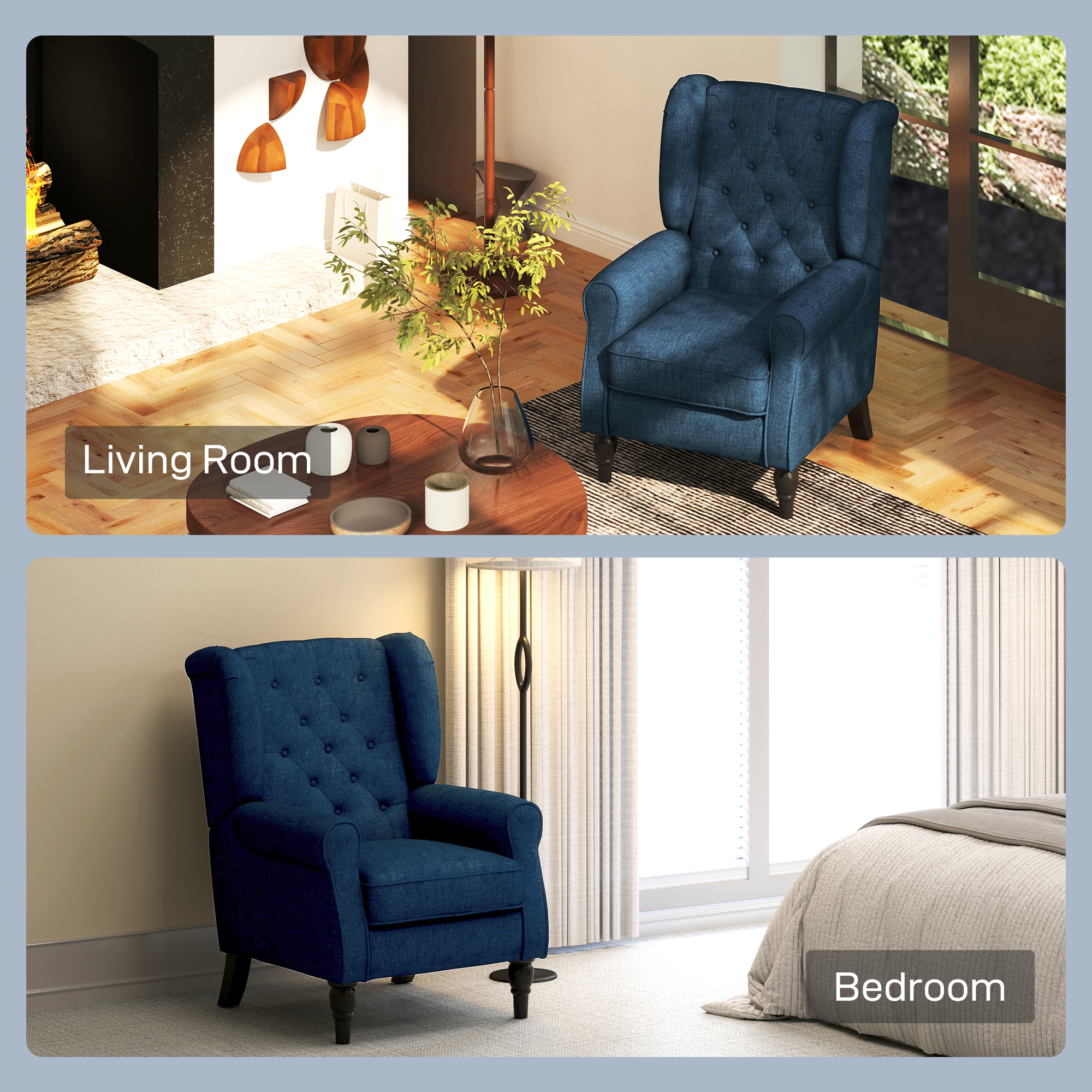 Un sillón azul en una sala de estar con chimenea y una cama en un dormitorio.
