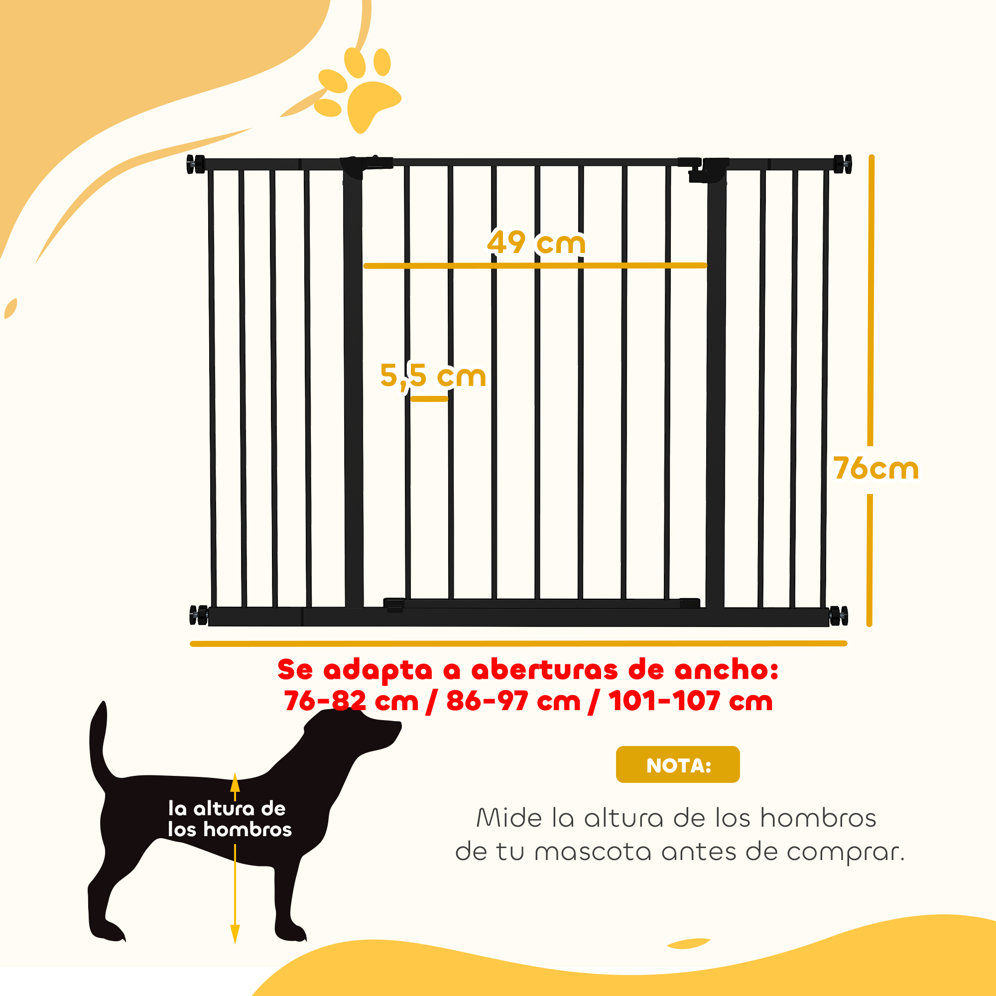 Puerta negra para mascotas con medidas 76cm alto, 49cm ancho, 5,5cm espacio.