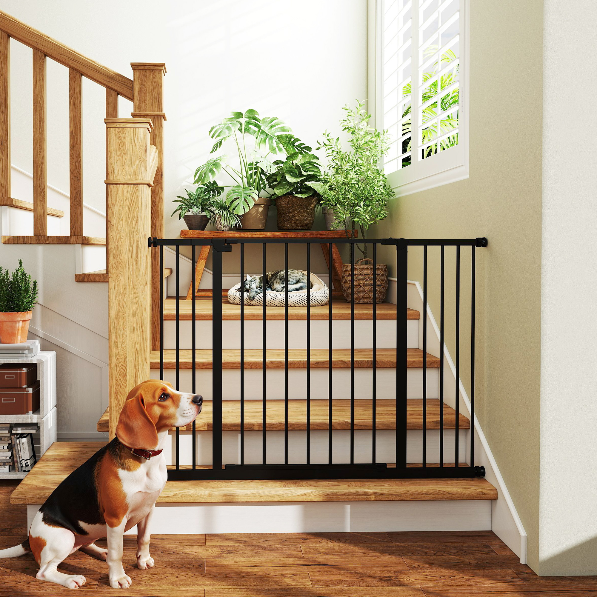 Un beagle se sienta en el suelo junto a una escalera con barrera. Un gato duerme en las escaleras.