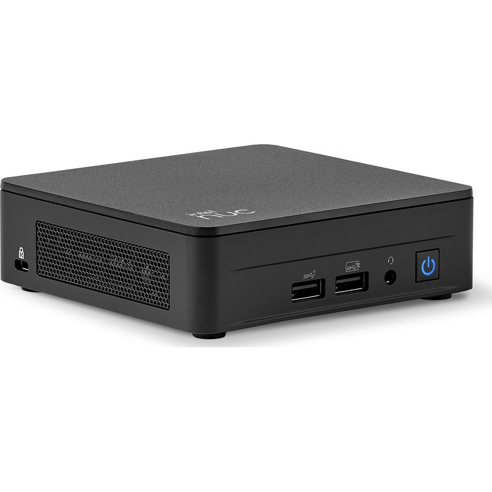 Czarny mini PC Intel NUC z portami i przyciskiem zasilania.