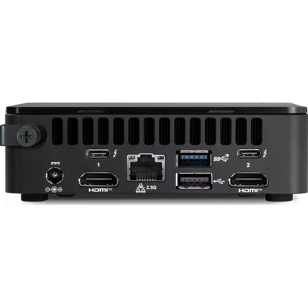 Czarny mini PC z portami: zasilanie, 2x HDMI, Ethernet 2.5G, 2x USB-A, 2x USB-C/Thunderbolt.
