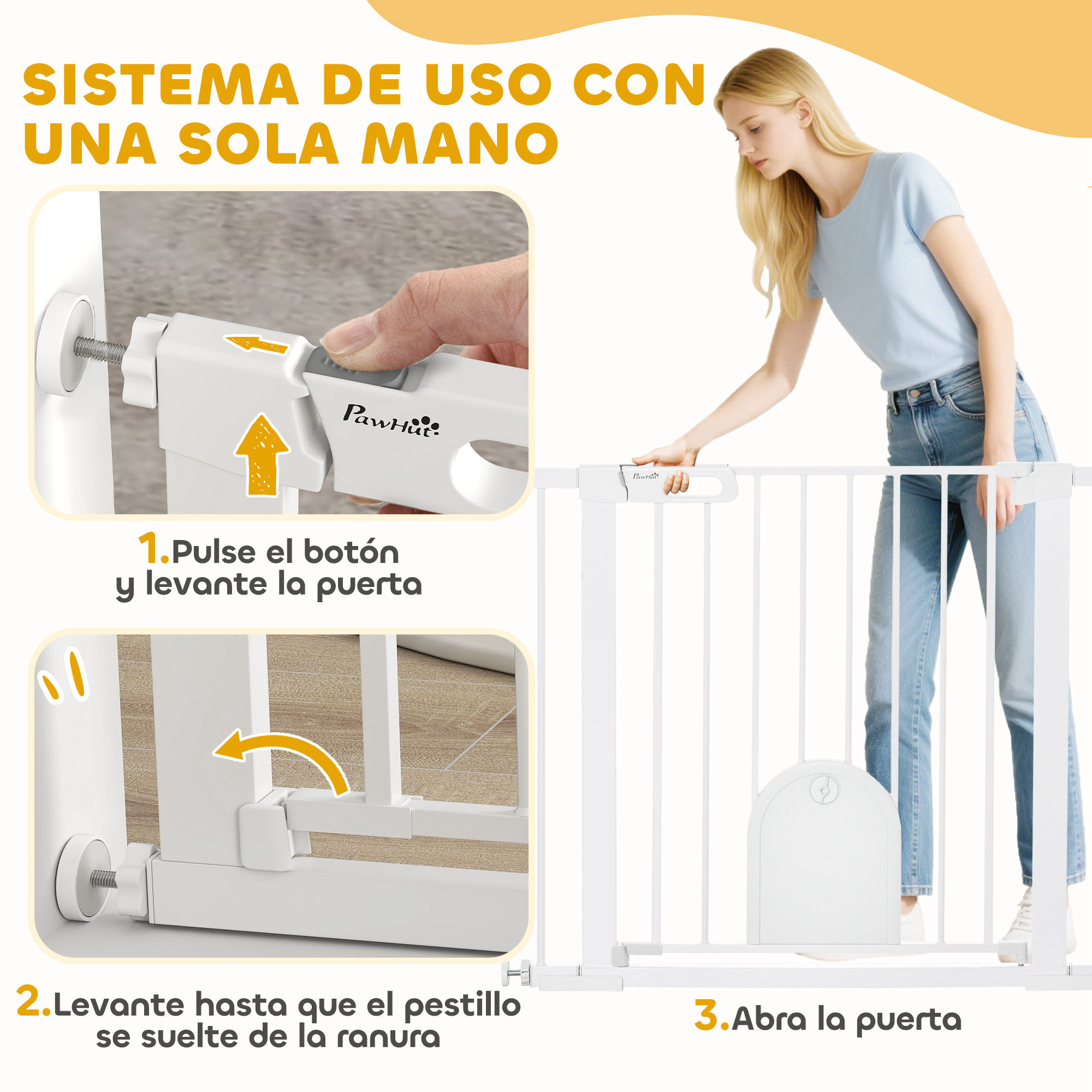 Instrucciones para una puerta de seguridad de uso con una mano. Muestra pasos 1-3.