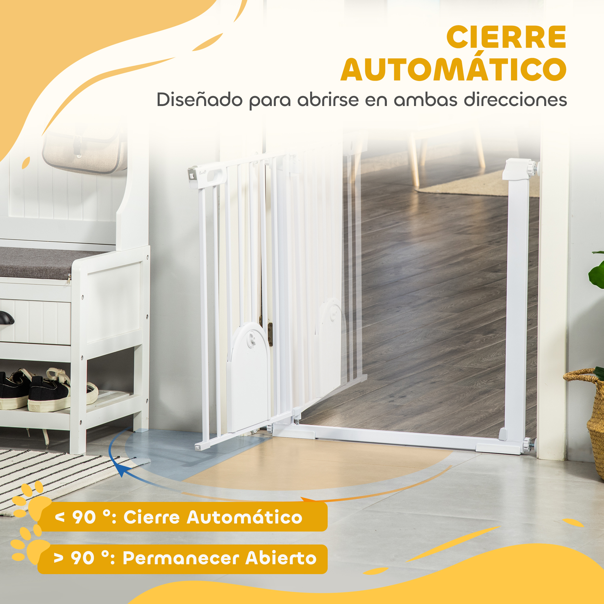 Una barrera blanca para bebés se cierra automáticamente en un pasillo.
