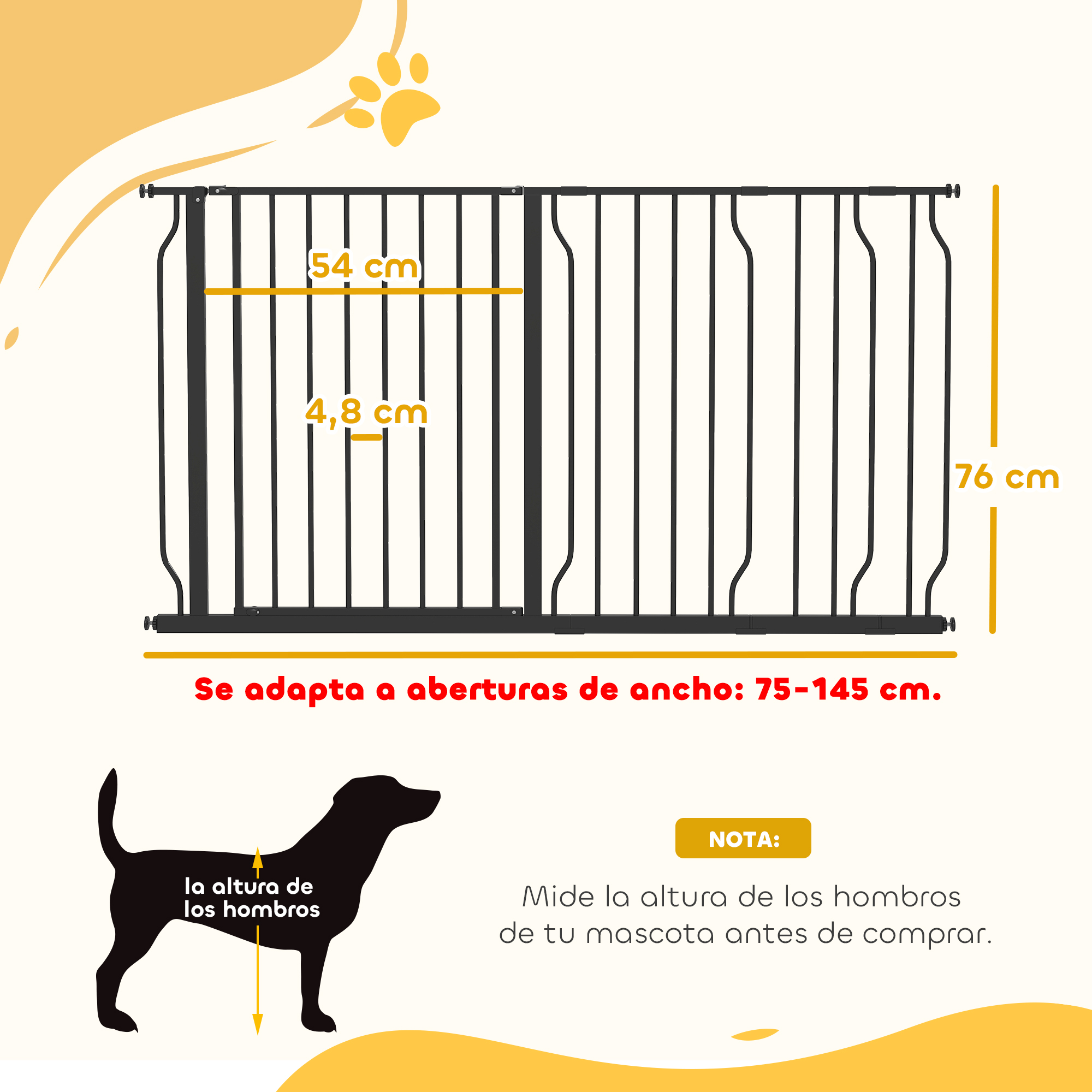 Una puerta para perros negra de 76 cm de alto y 75-145 cm de ancho.