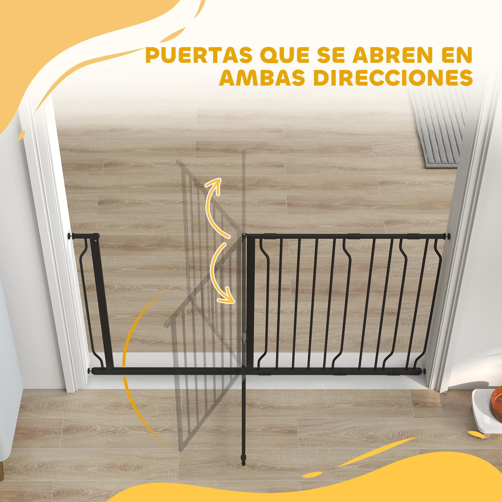 Una puerta de metal negra se abre en ambas direcciones sobre suelo de madera.
