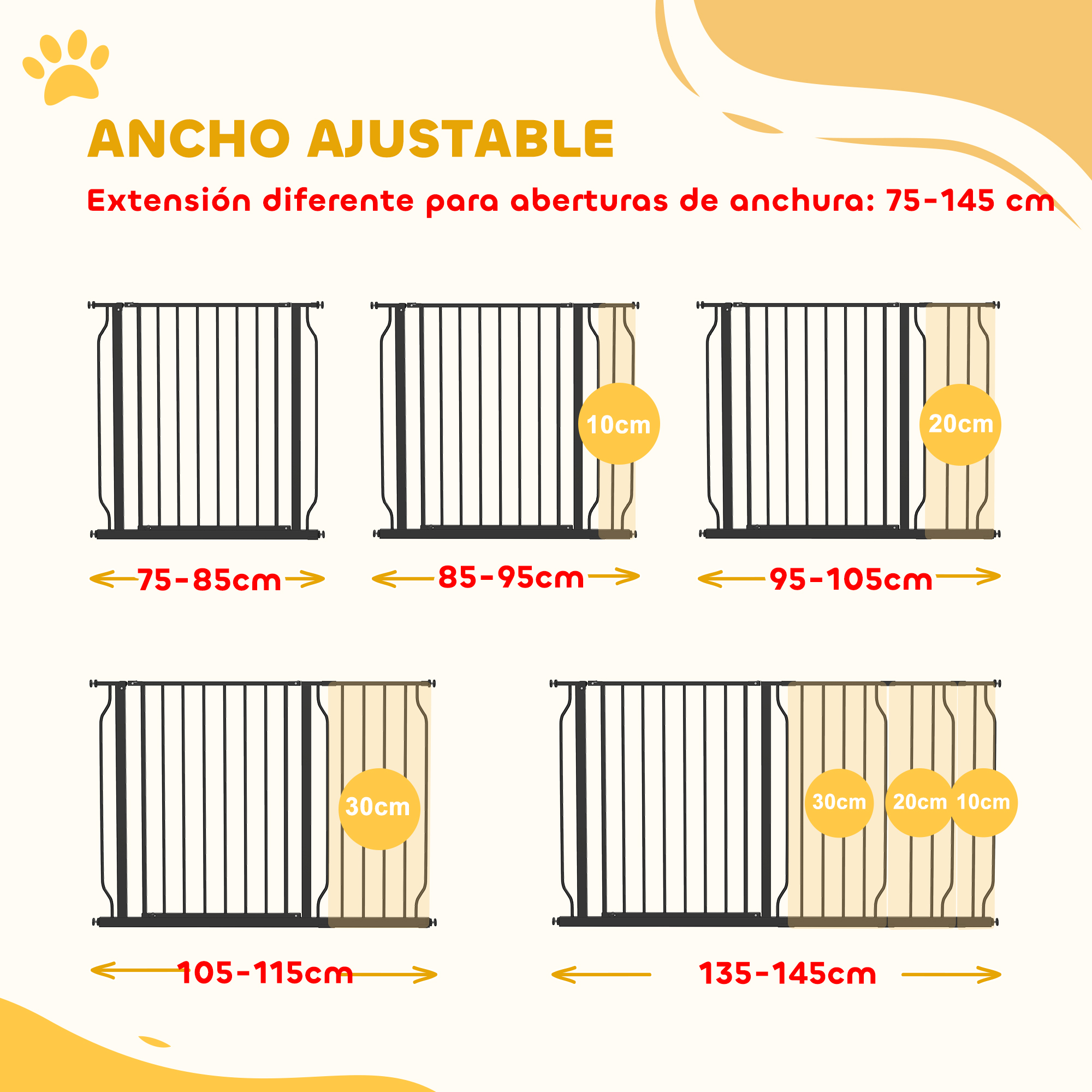 Visualización de puertas ajustables en anchos de 75-145 cm.