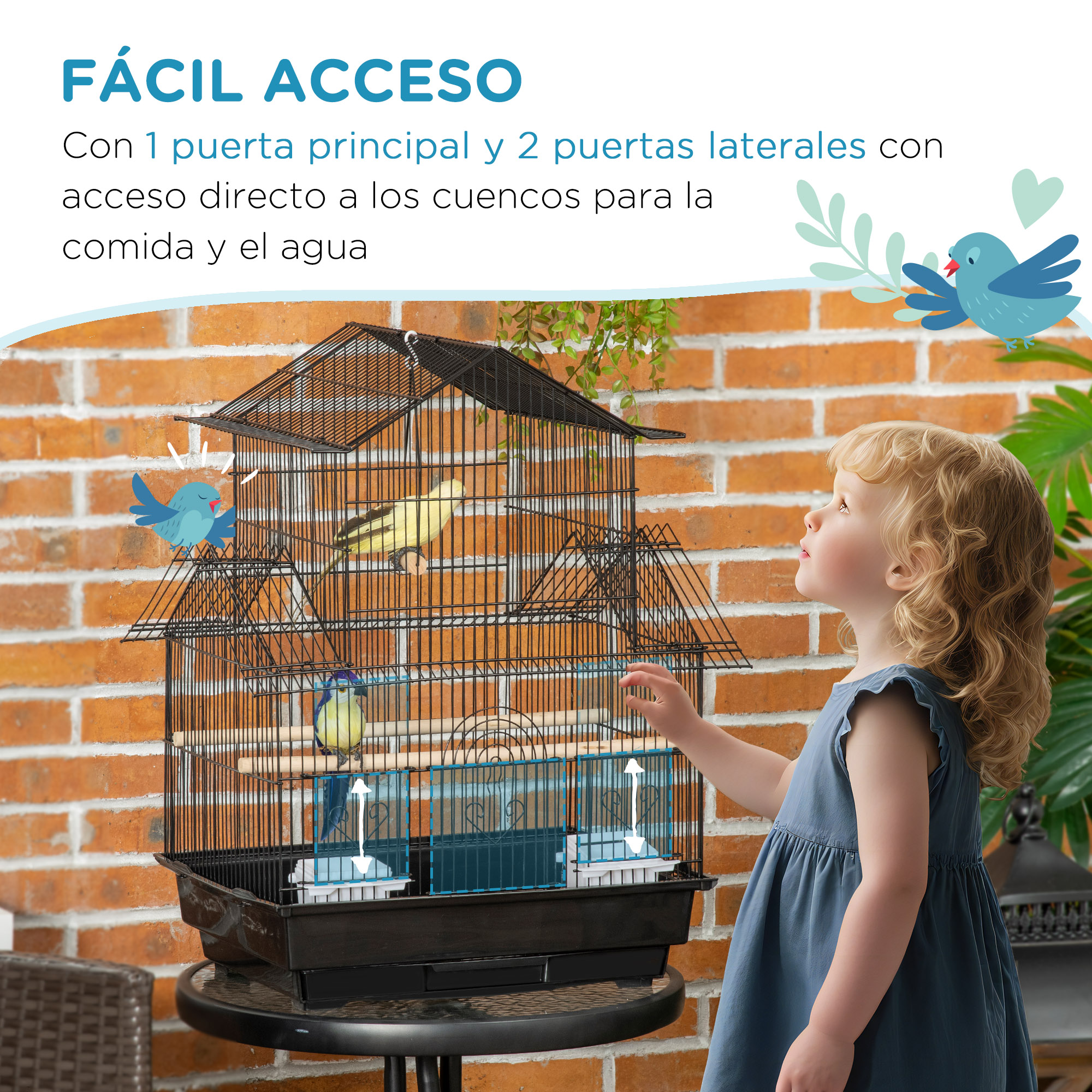 Una niña mira una jaula de pájaros con dos pájaros dentro.