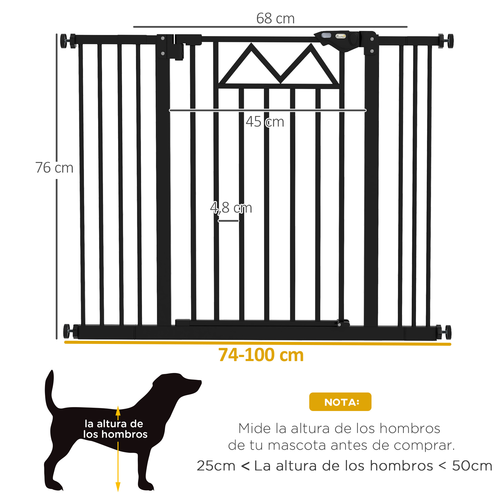Reja negra para mascotas (76cm A, 68cm An) con medidas.