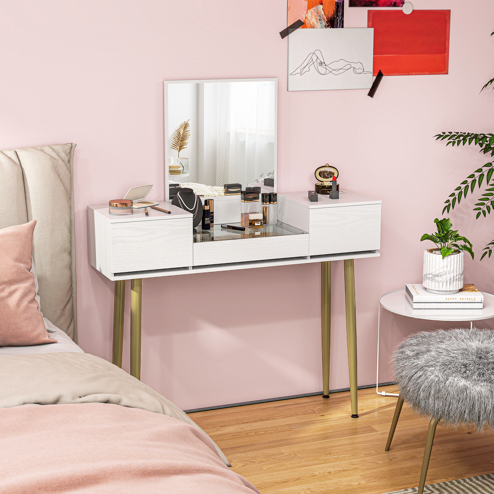 Tocador con espejo, maquillaje, cama y asientos en un dormitorio rosa.