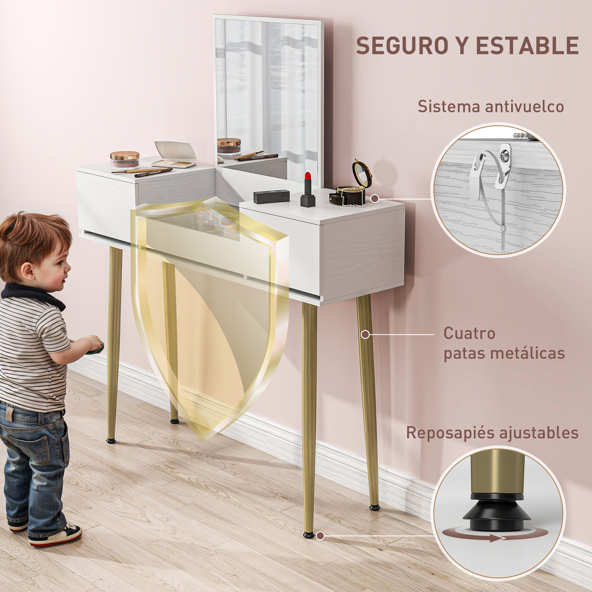 Un niño junto a una tocador con espejo y maquillaje. Tiene patas doradas.