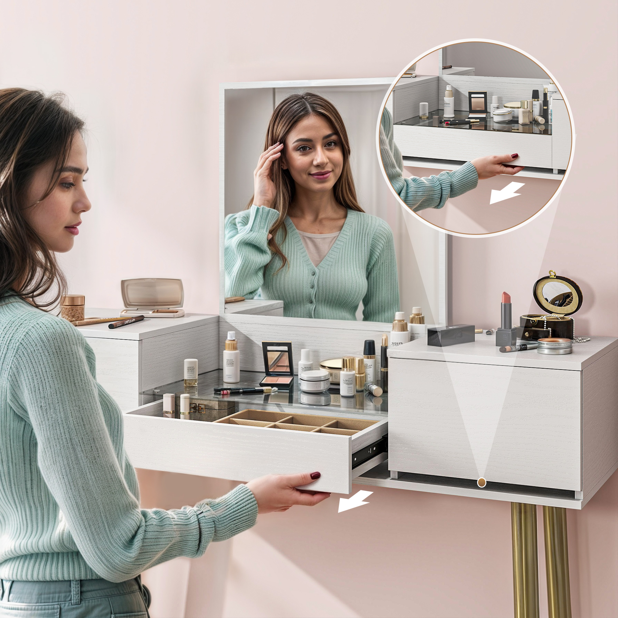 Mujer abre cajón de tocador con cosméticos. Espejo muestra mujer y cosméticos.