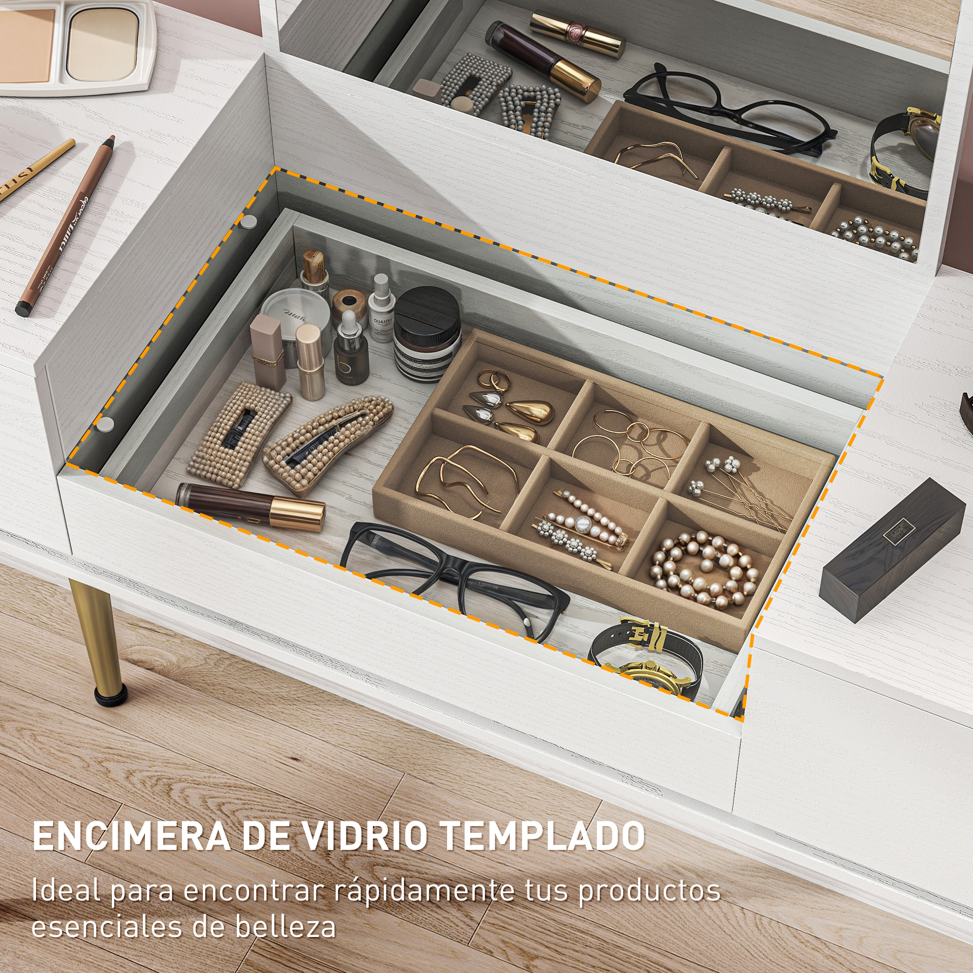 Cosméticos y joyas en un cajón abierto, con lápices y polvera encima.