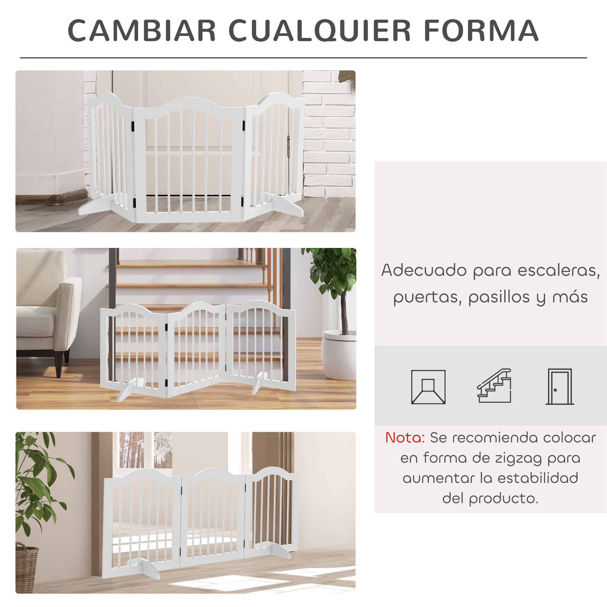 Una barrera blanca plegable para bebés se muestra en varias configuraciones.