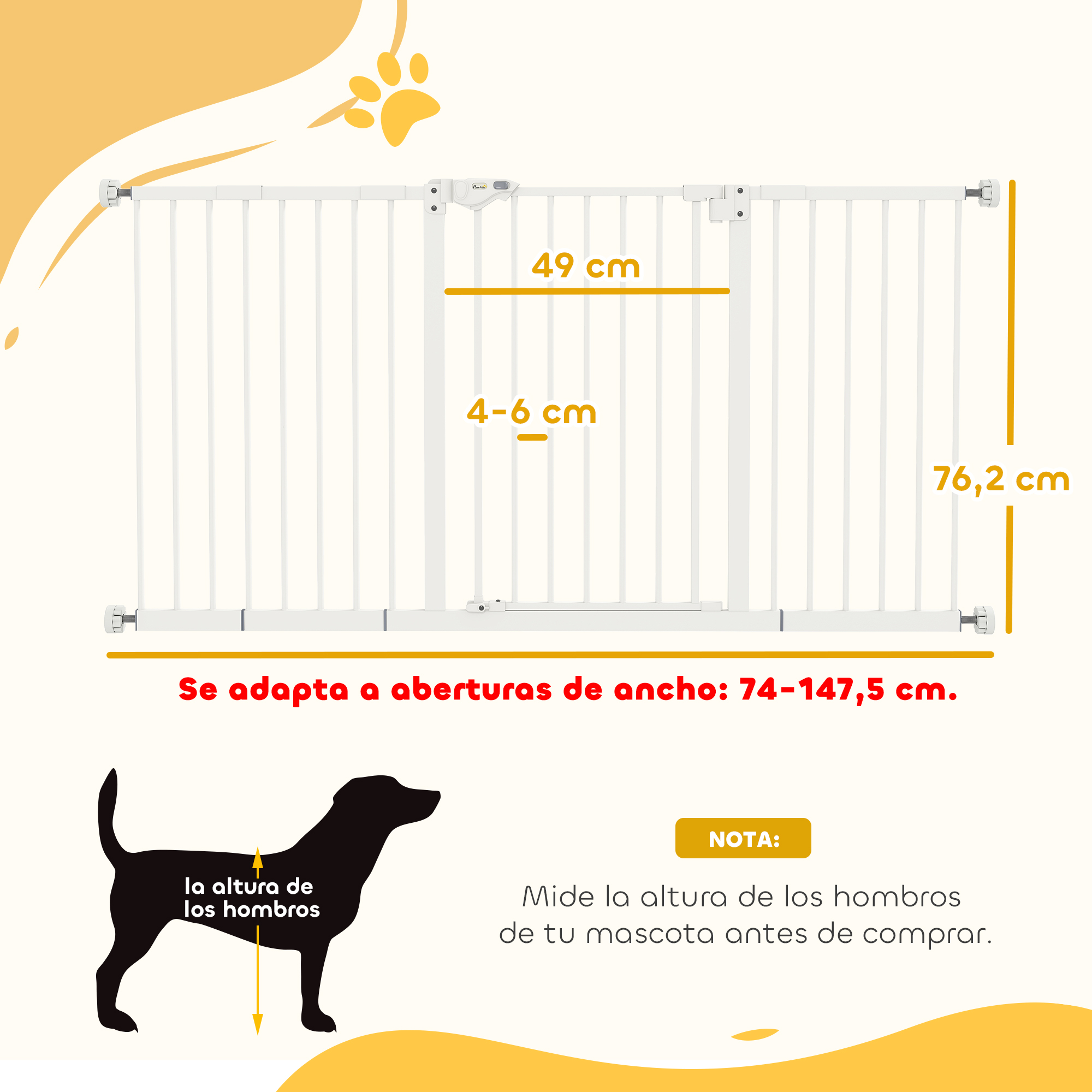Una puerta blanca para mascotas con medidas: 49cm, 4-6cm, 76,2cm, se adapta a 74-147,5cm.