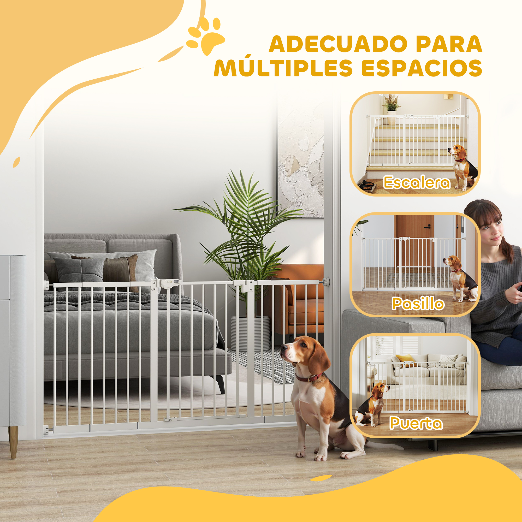 Puerta blanca para perros mostrada en uso para escaleras, pasillos y puertas.