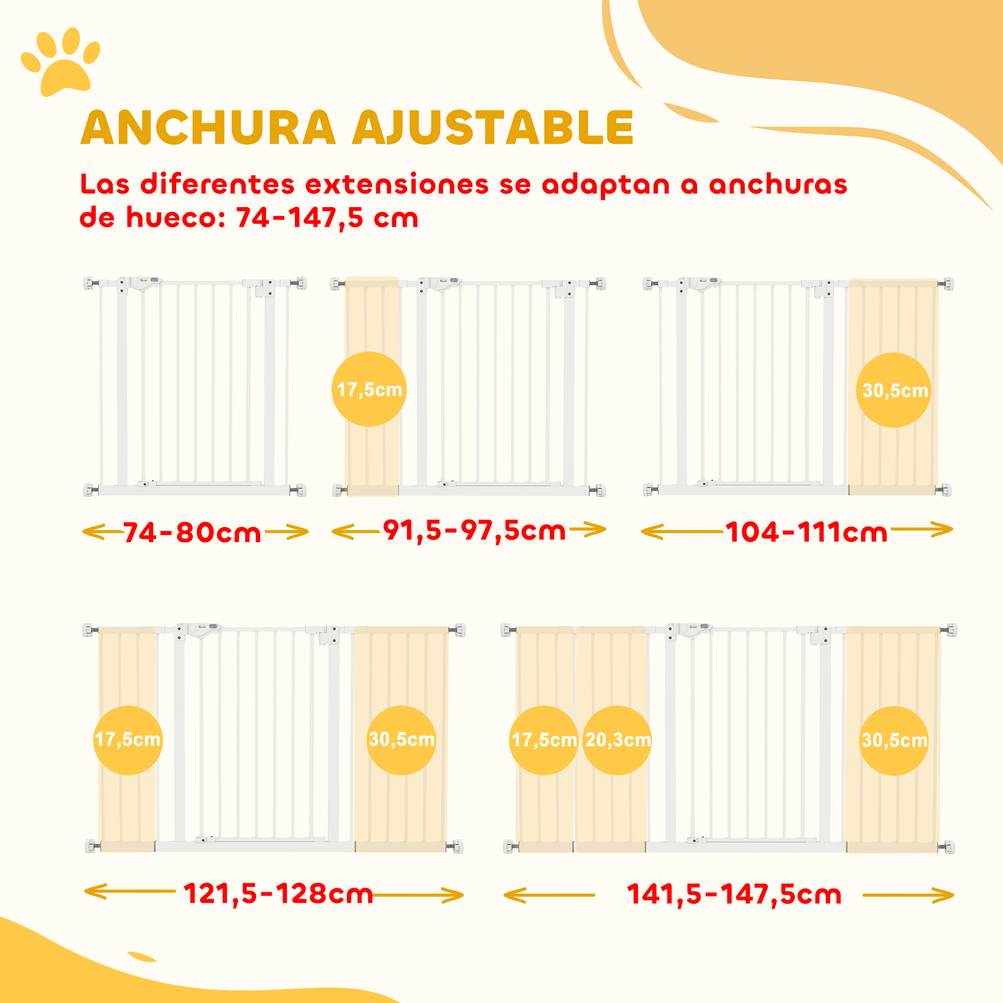 Barrera ajustable con extensiones en varias anchuras. Gráfico muestra tamaños.