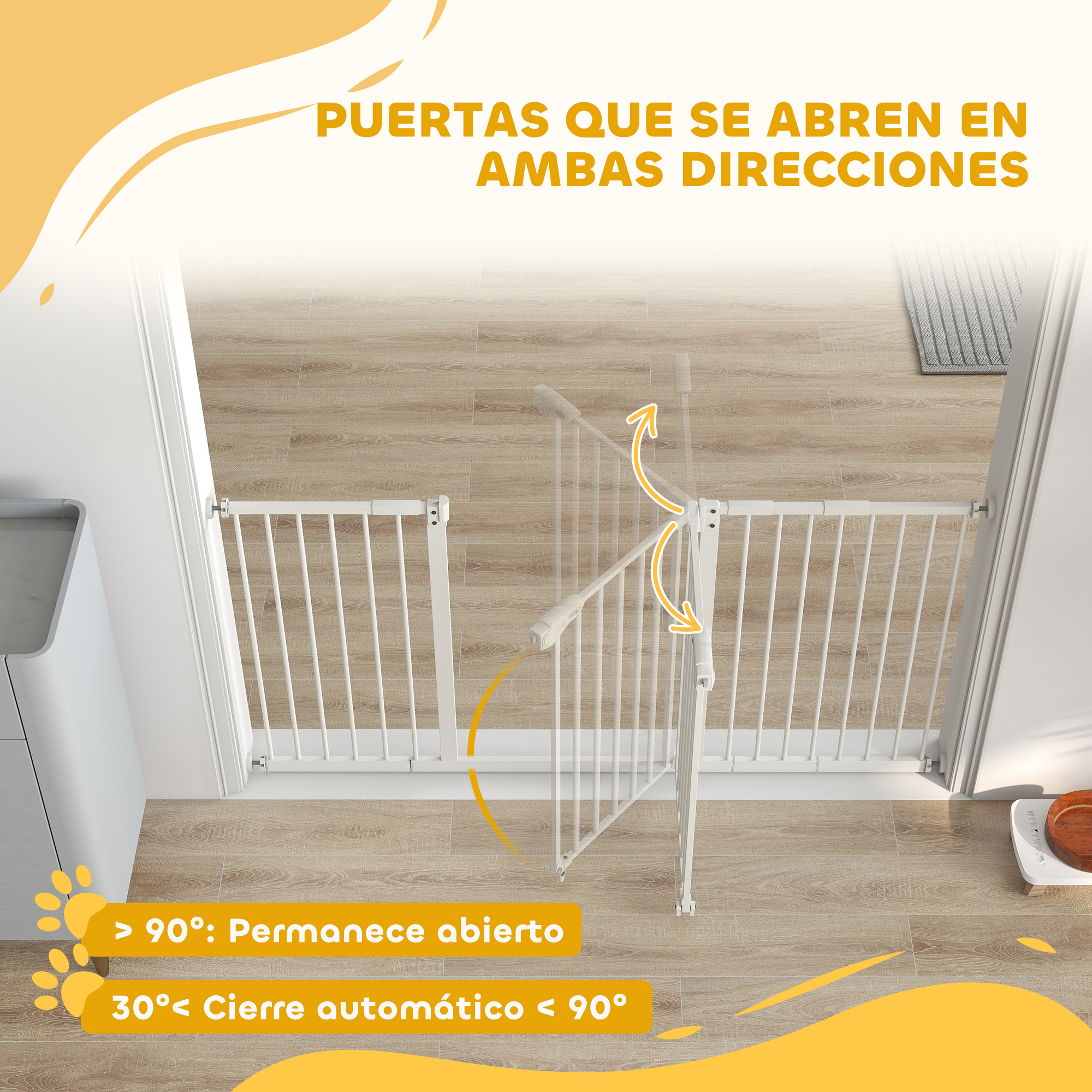 Una barrera de bebé blanca se abre en ambas direcciones.