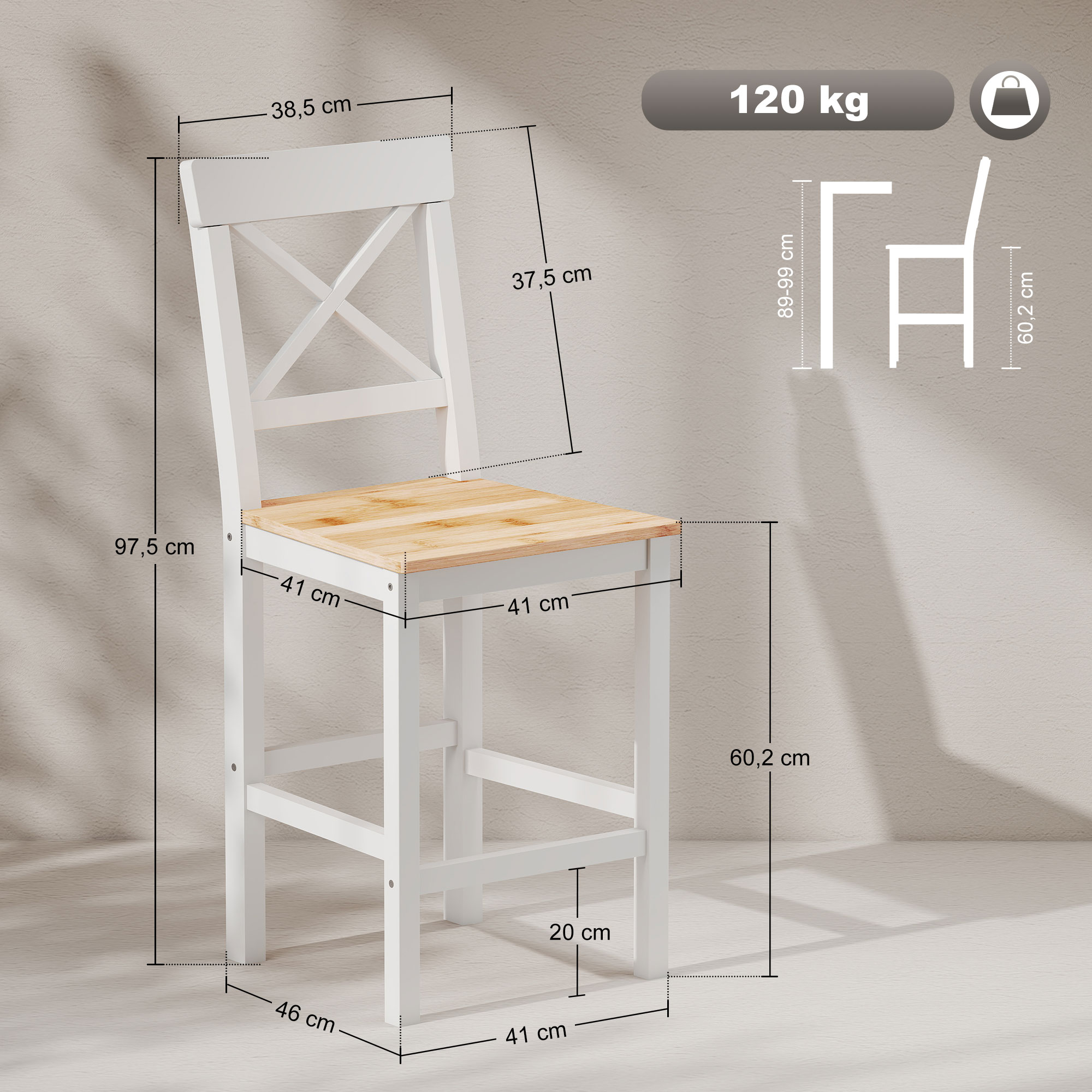 Un taburete de bar blanco con asiento de madera, se muestran las dimensiones.