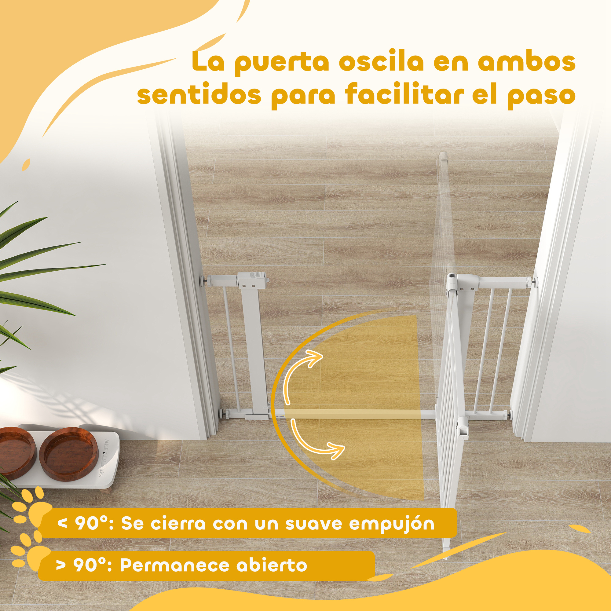 Una barrera blanca para bebés se abre en ambas direcciones, con flechas.