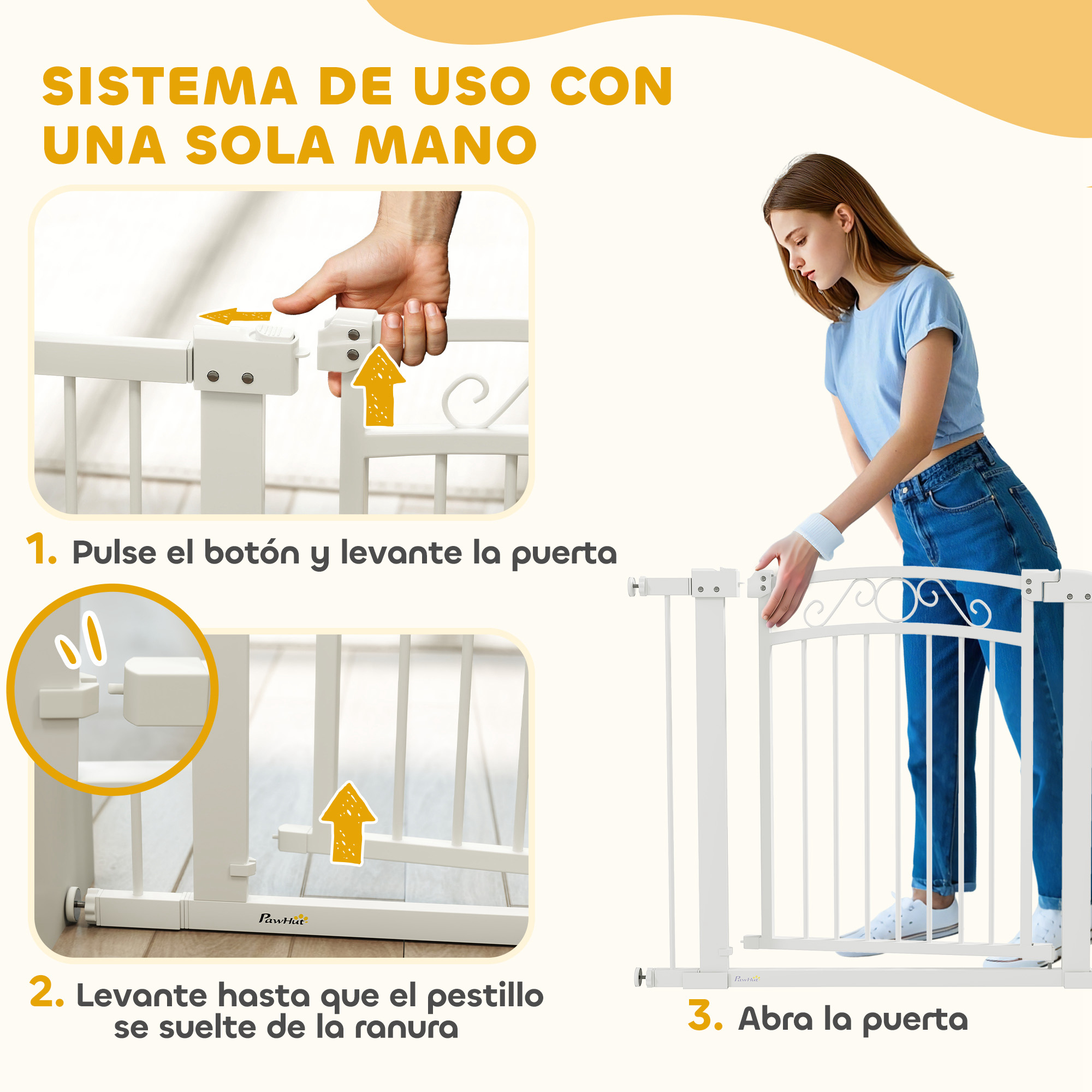 Instrucciones para una barrera de bebé de una mano: presione, levante, abra.