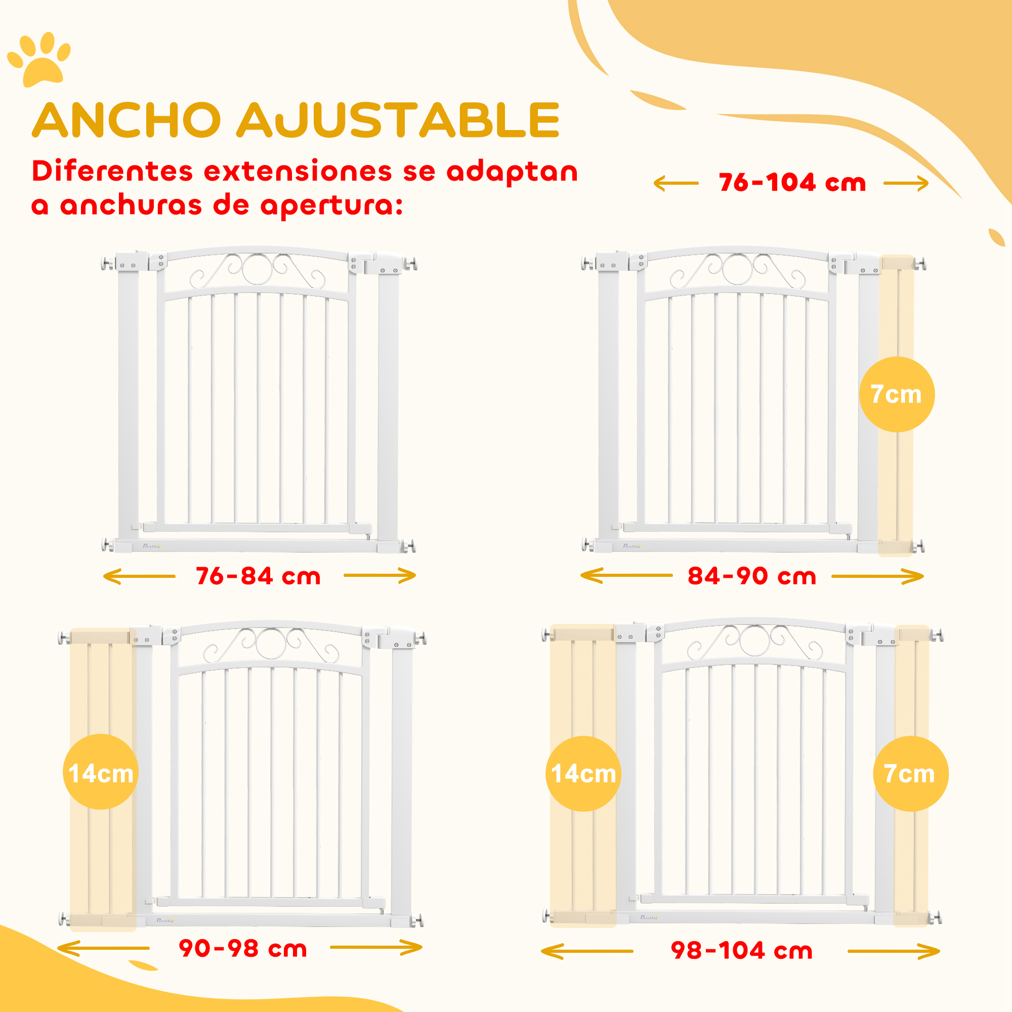 Puerta blanca ajustable con extensiones y medidas diferentes.