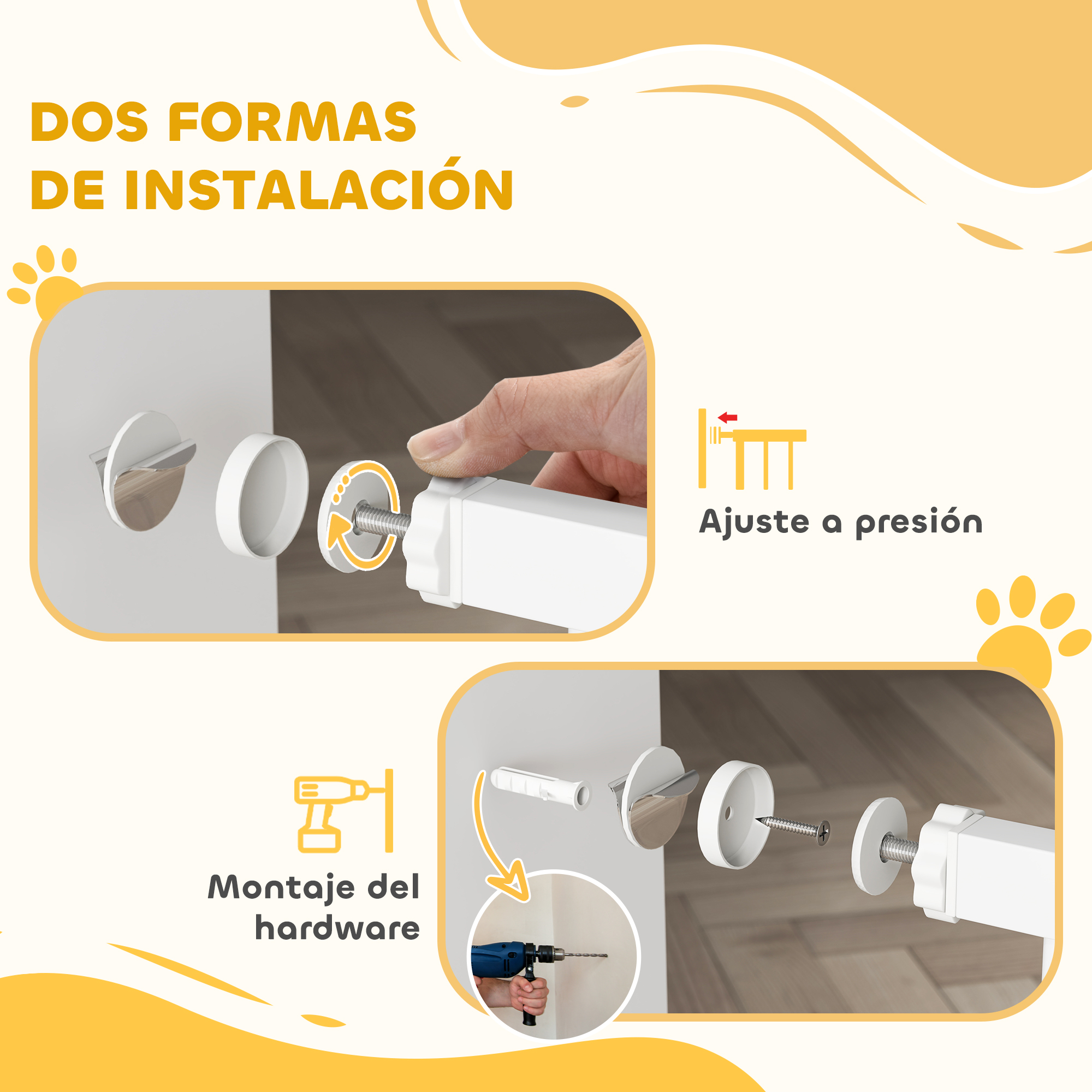 Dos métodos de instalación para barrera blanca: montaje a presión y montaje de hardware con taladro.