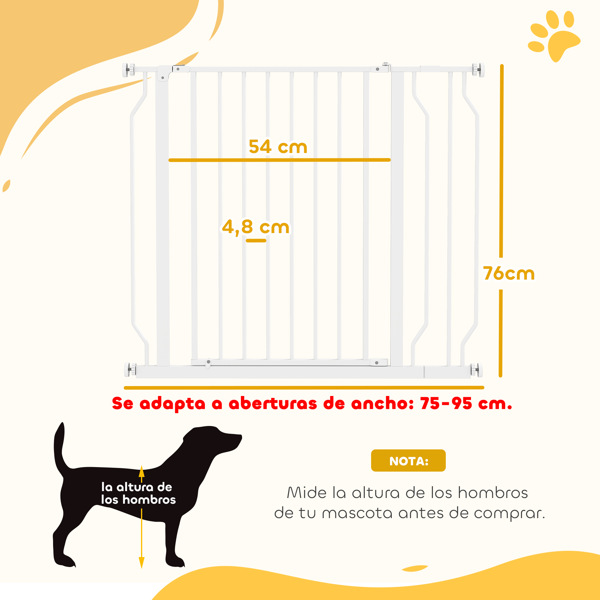 Puerta blanca para mascotas: 76cm alto, 54cm ancho, 4.8cm separación. Para huecos de 75-95cm.