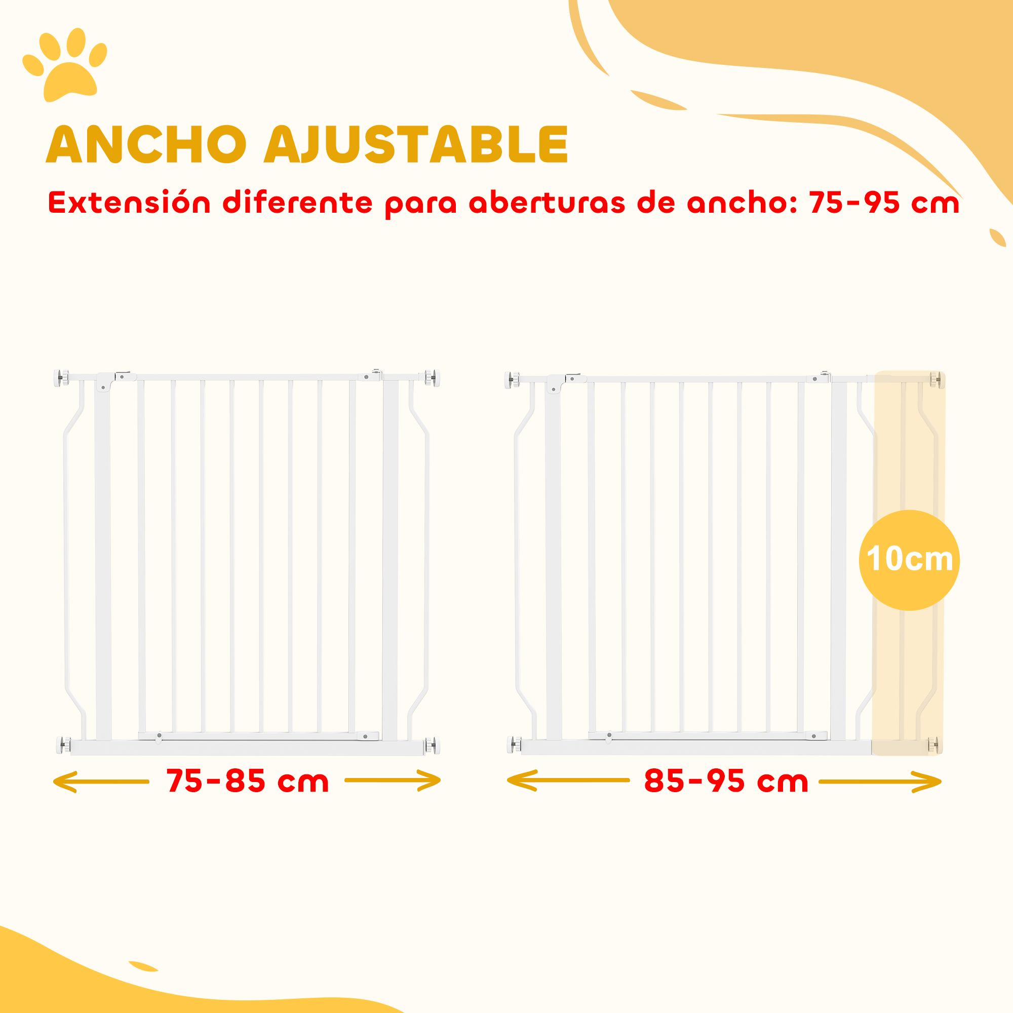 Barrera de bebé ajustable con opciones de ancho de 75-85 cm y 85-95 cm.