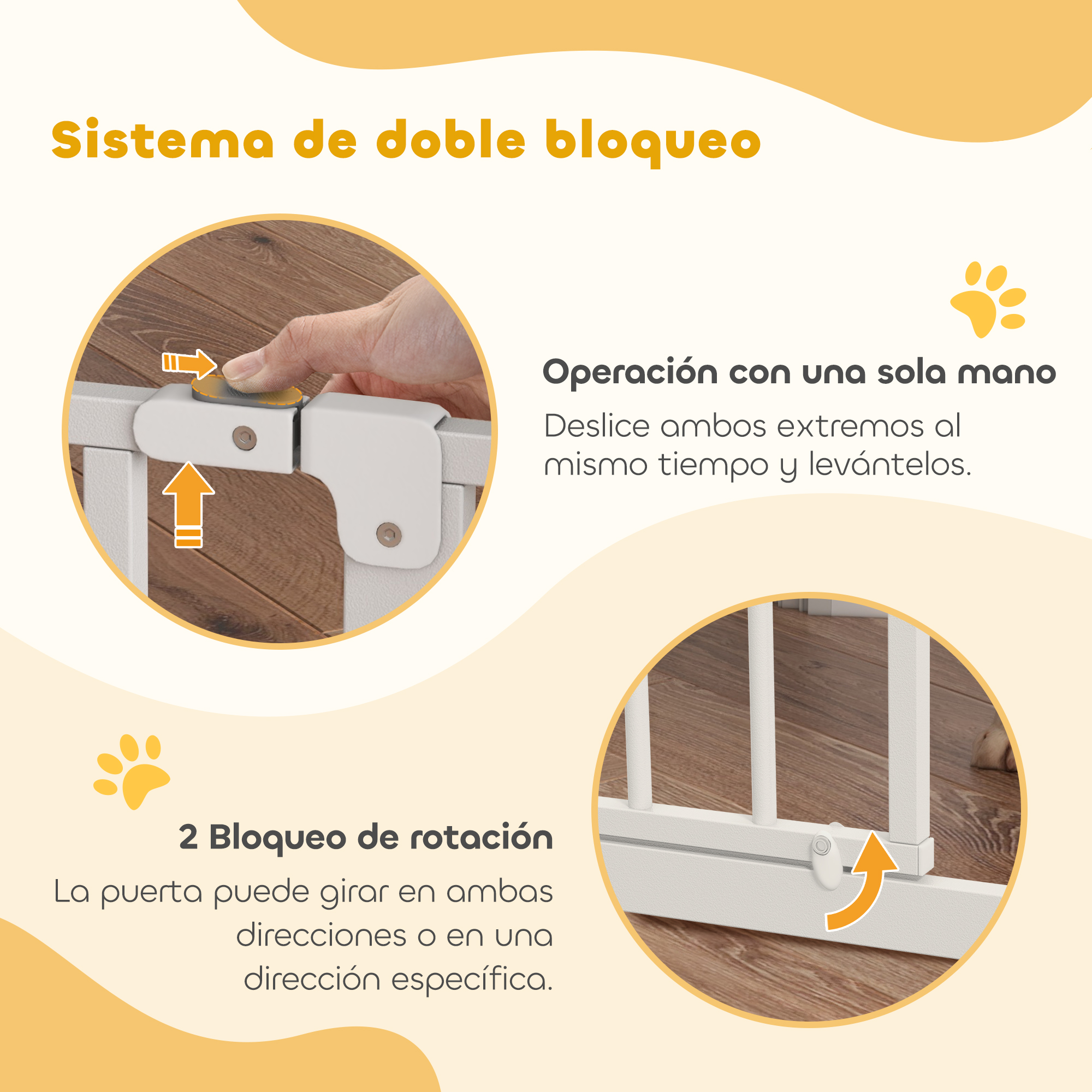 Imagen de una barrera blanca para bebés con acentos amarillos y texto sobre mecanismos.