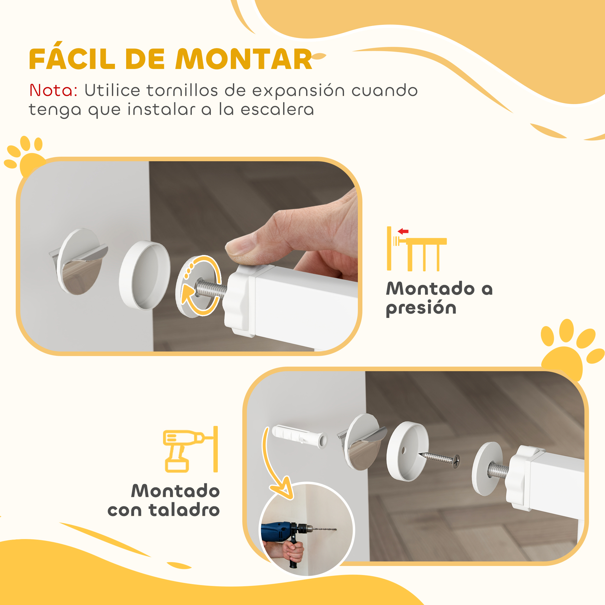 Ilustraciones muestran montaje de barra blanca con tornillos y tacos.